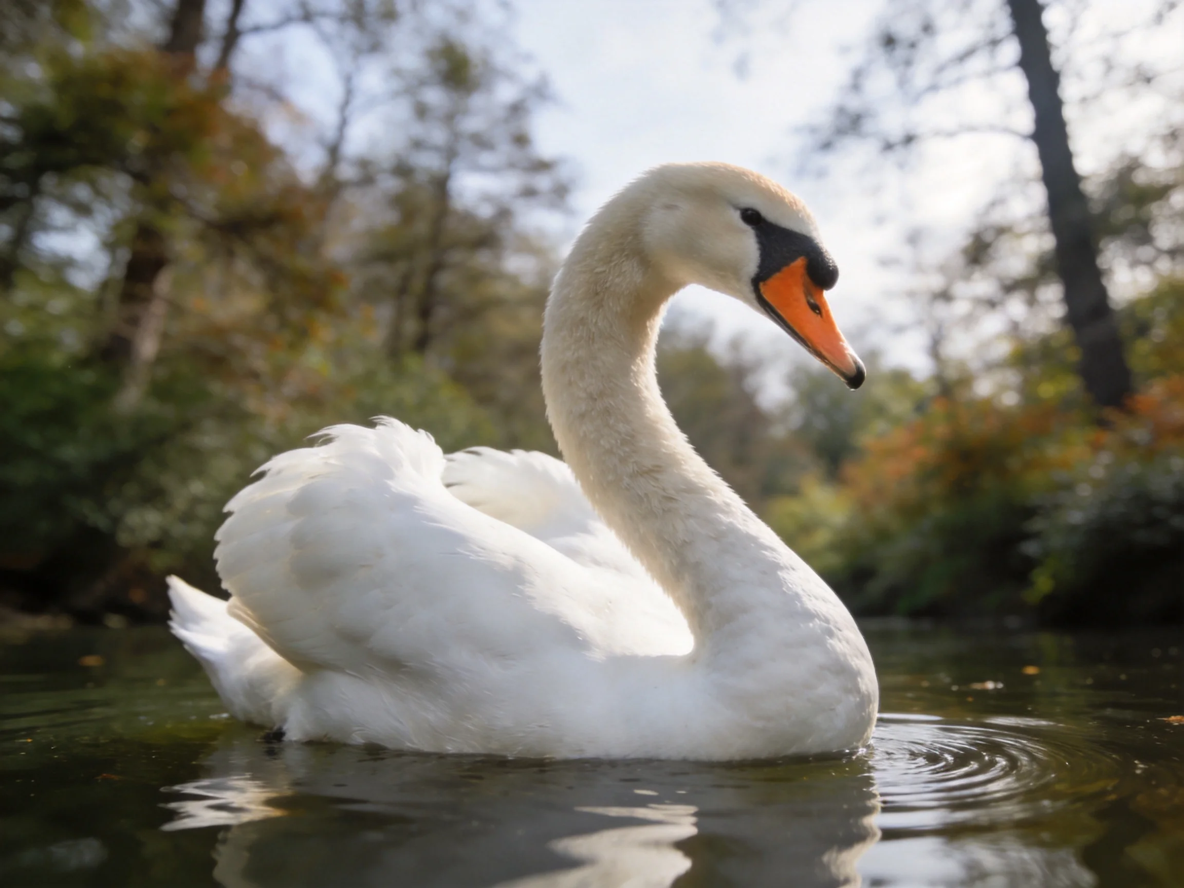 A graceful white swan gliding on calm water near trees