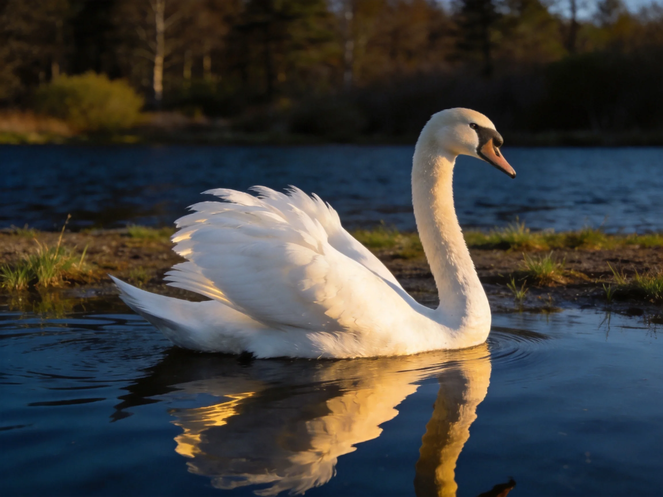 A graceful white swan gliding on calm water with golden reflections