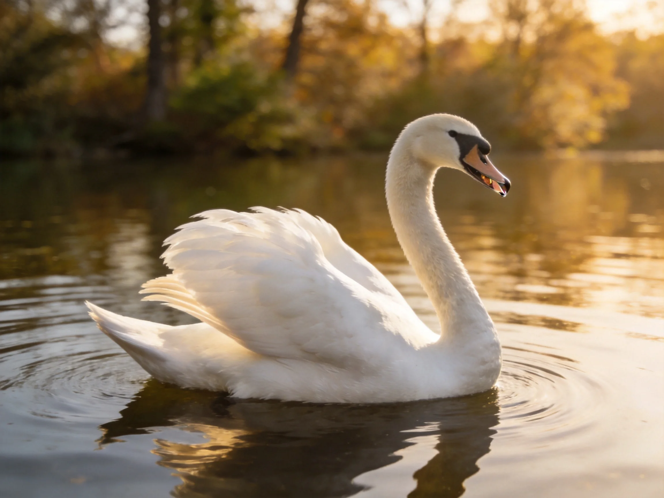 A graceful white swan gliding on calm waters at sunset