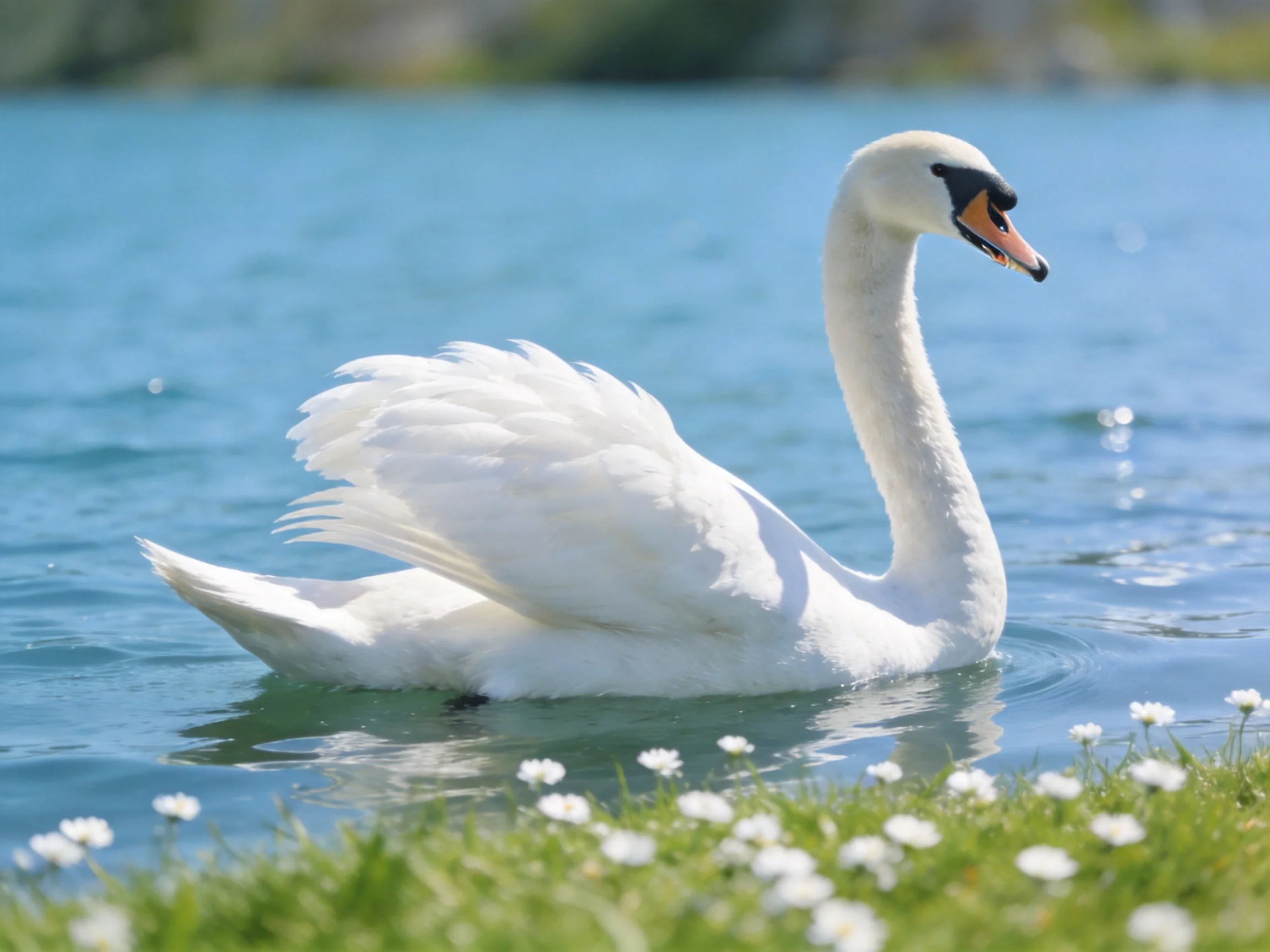 A graceful white swan gliding on clear blue water