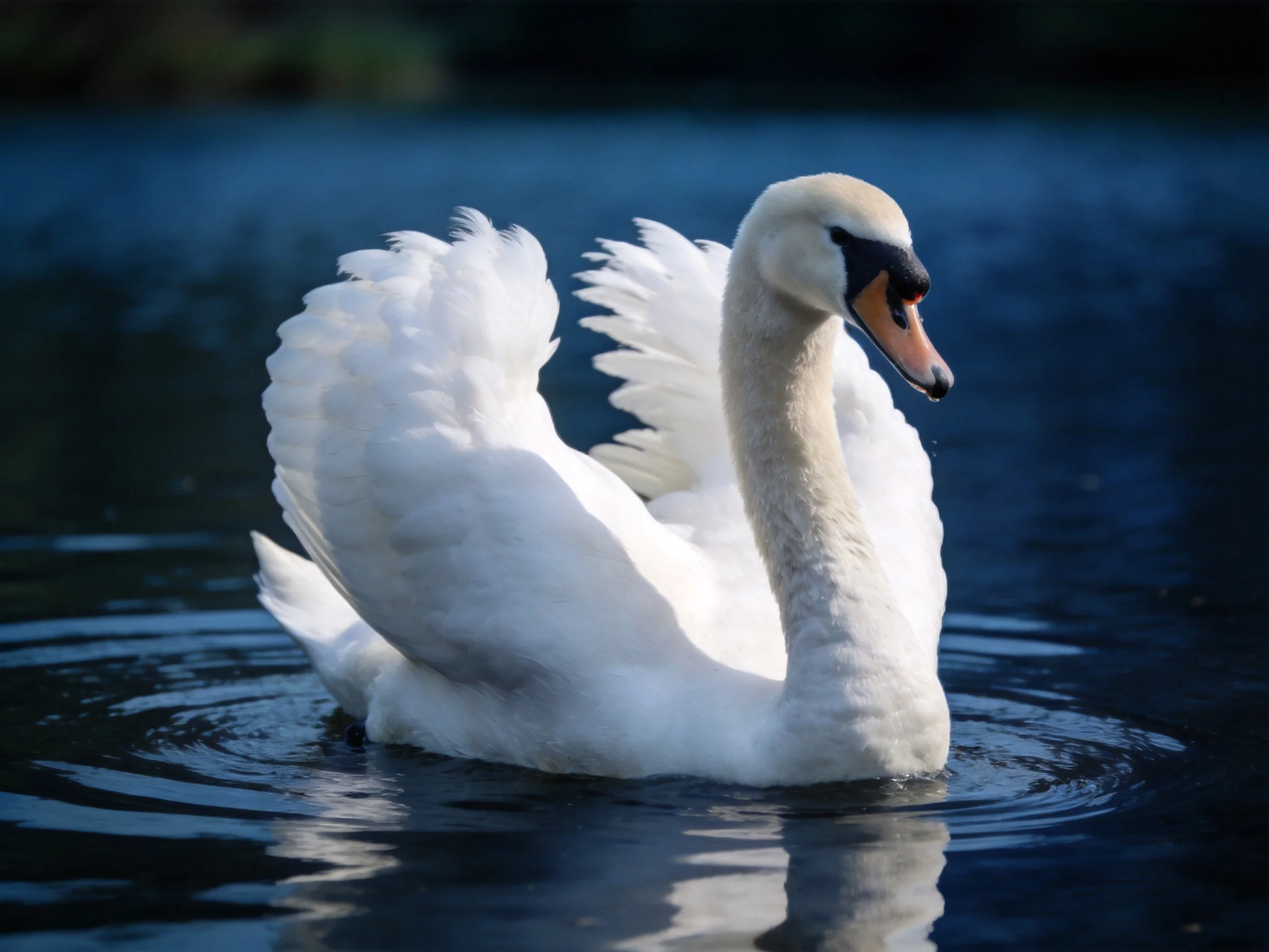 A graceful white swan gliding on dark blue water