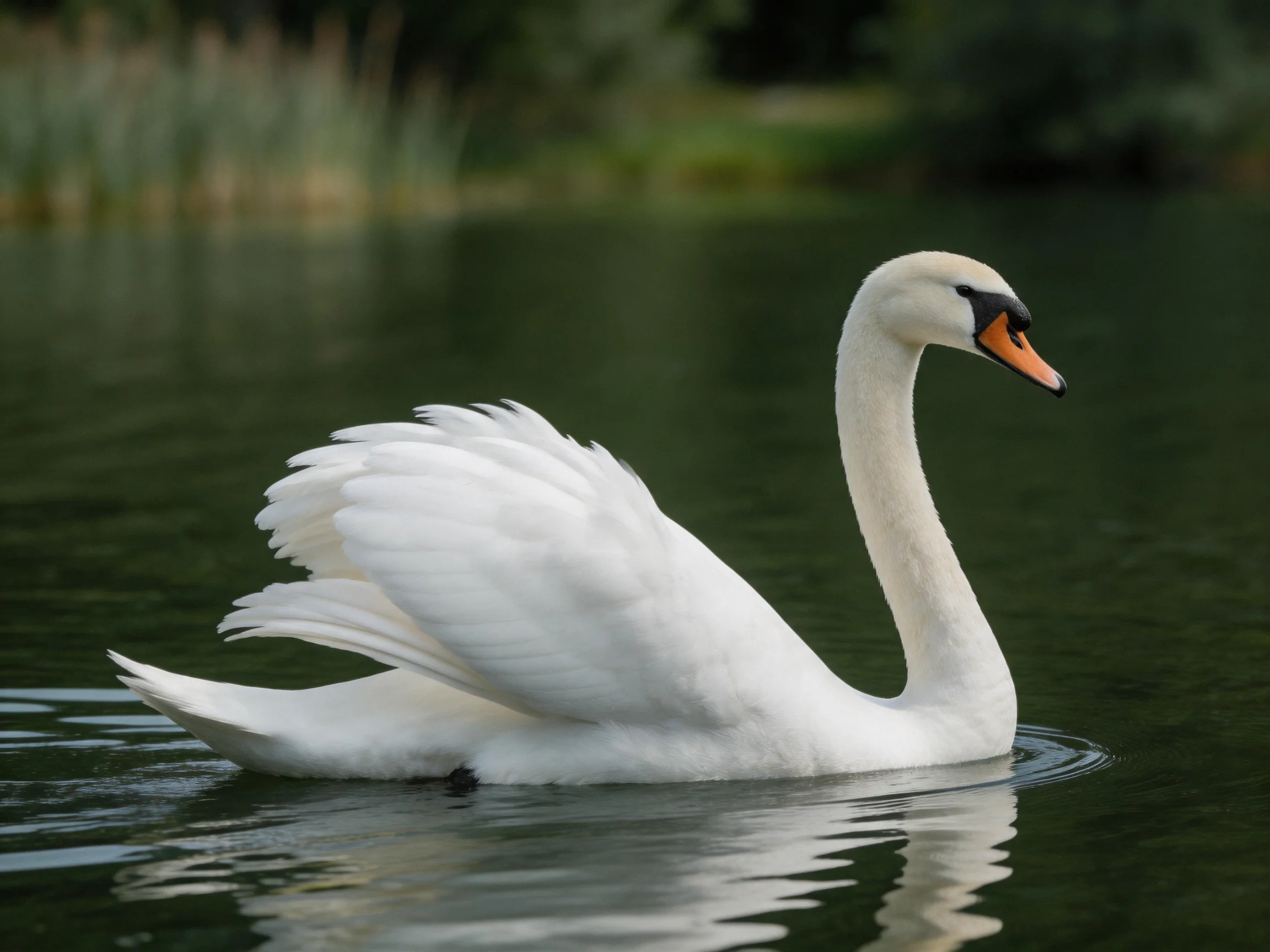 A graceful white swan gliding on dark green water