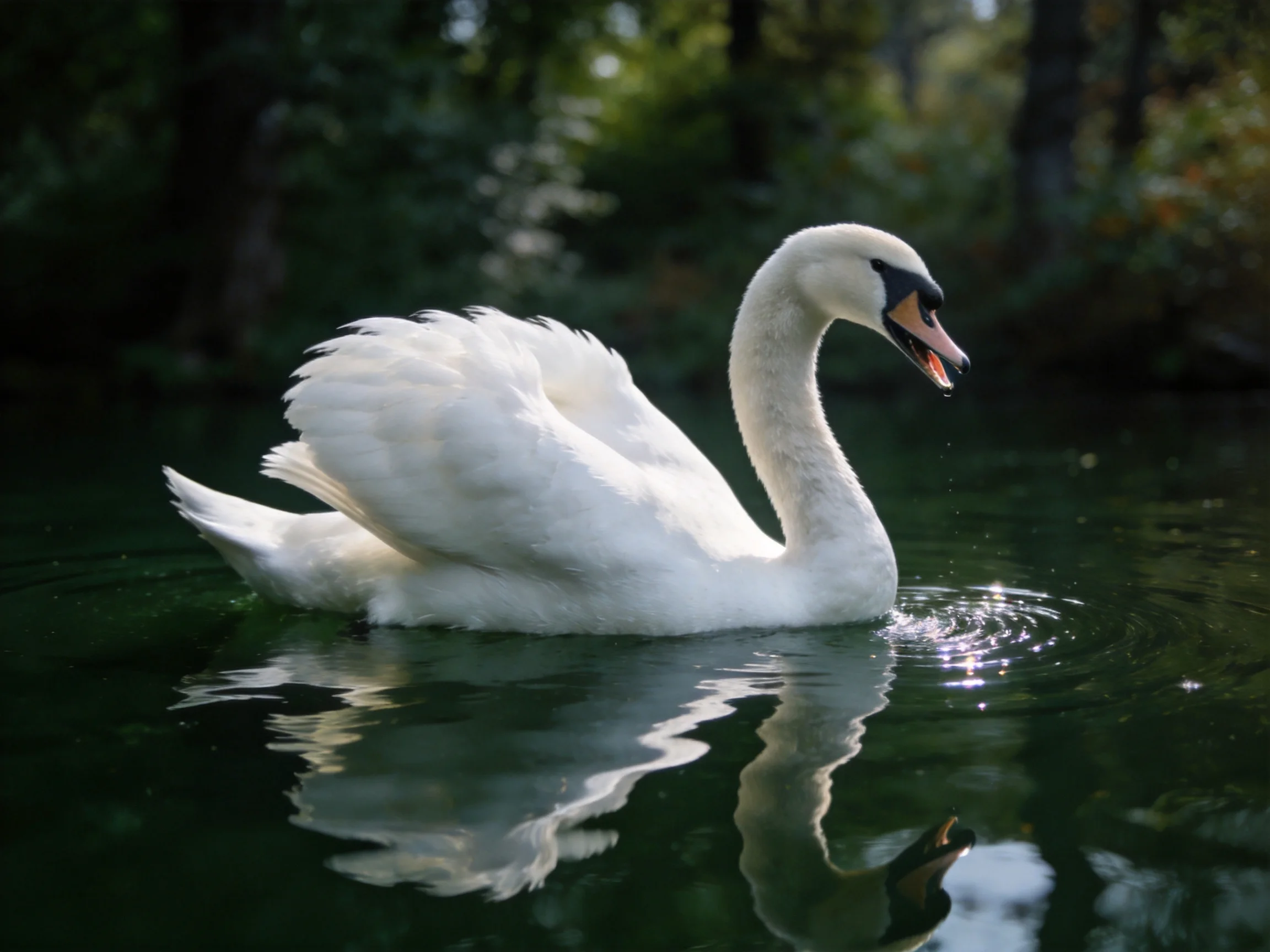 A graceful white swan gliding on dark green water