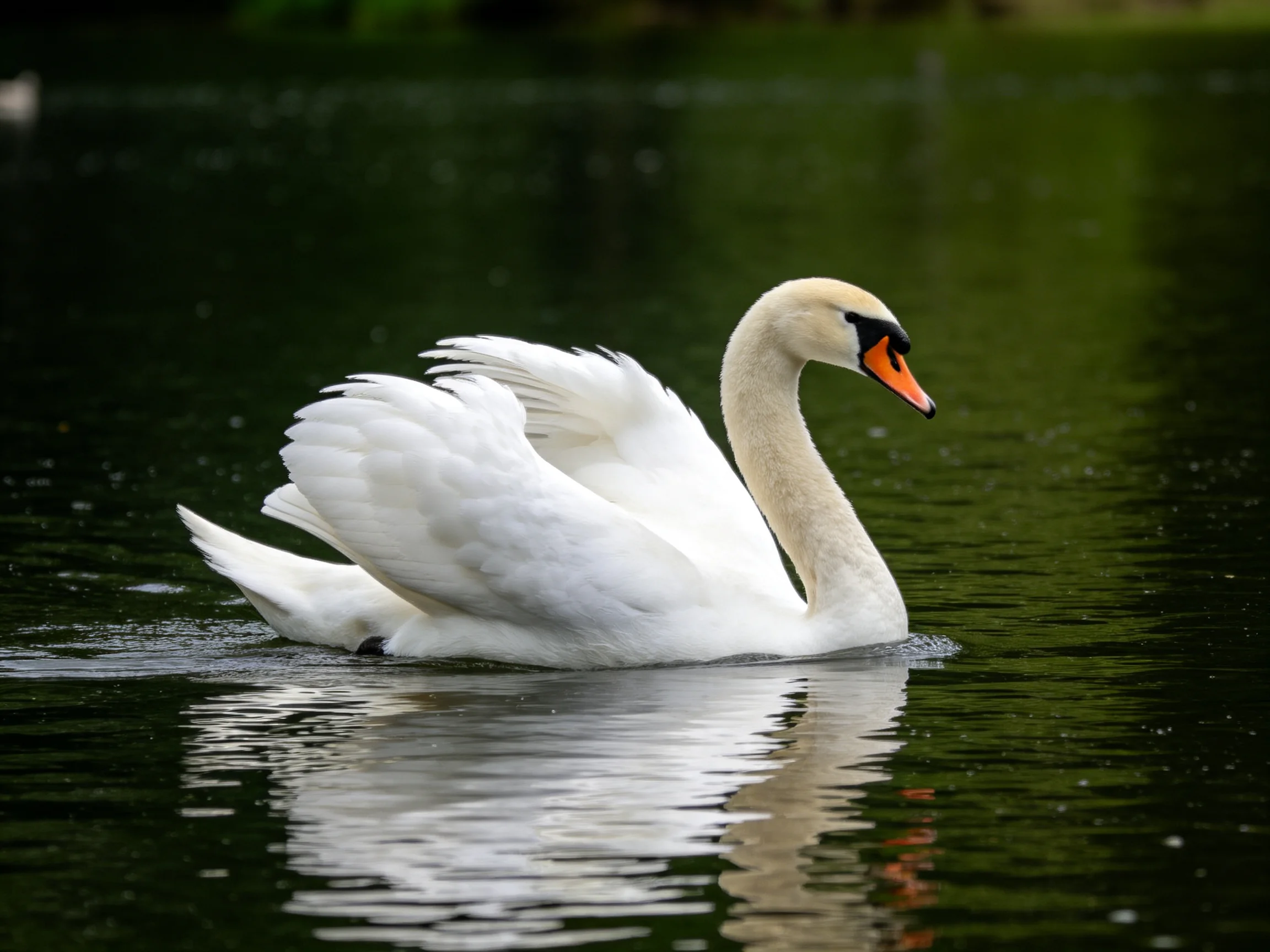 A graceful white swan gliding on dark green water