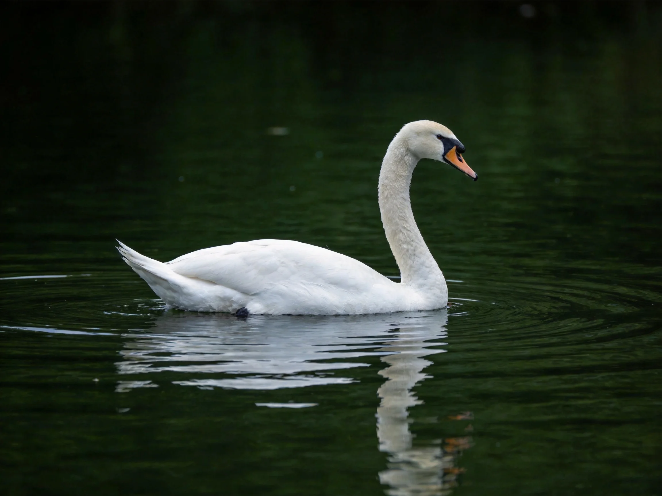 A graceful white swan gliding on dark green water