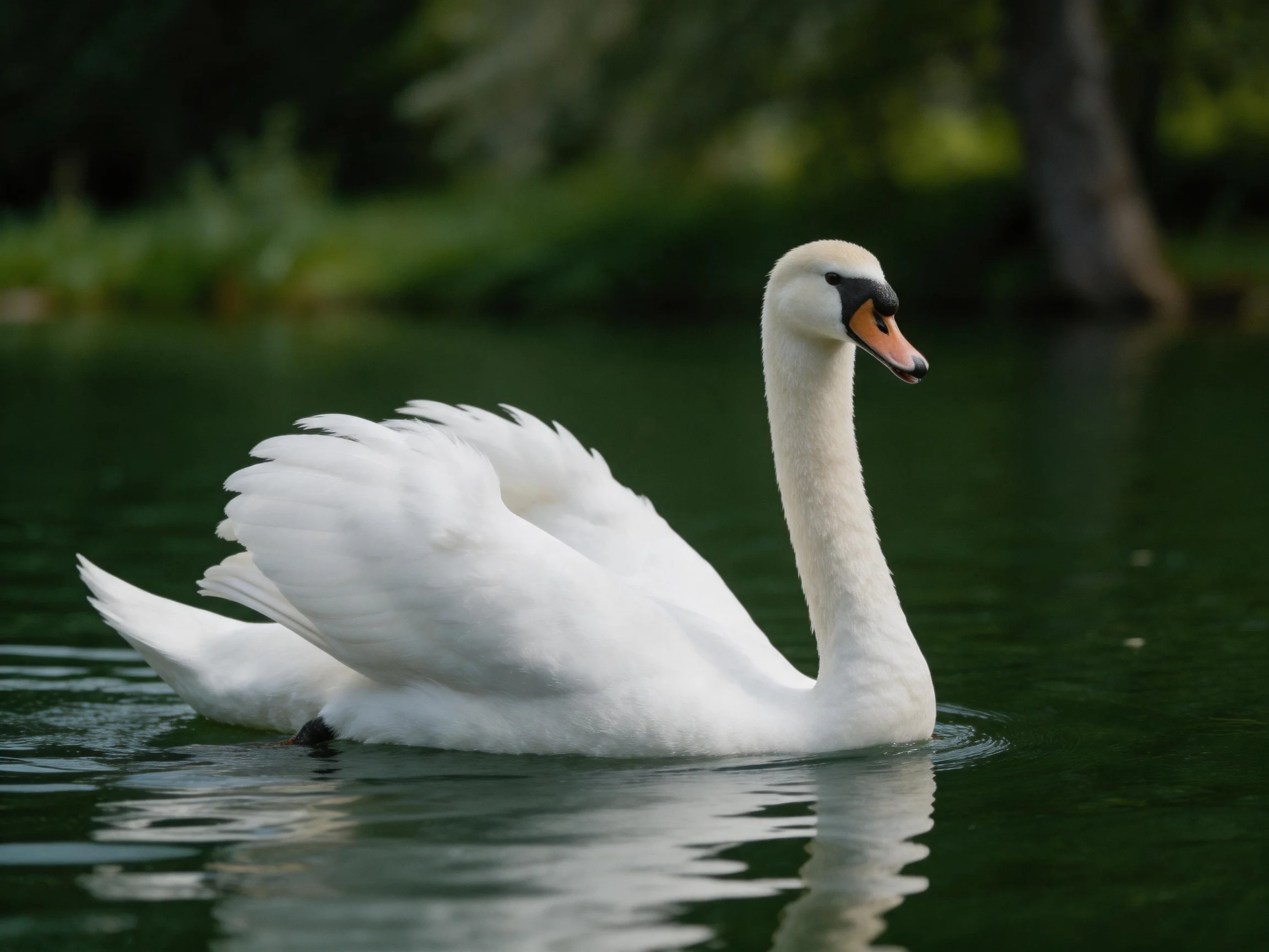 A graceful white swan gliding on dark green water