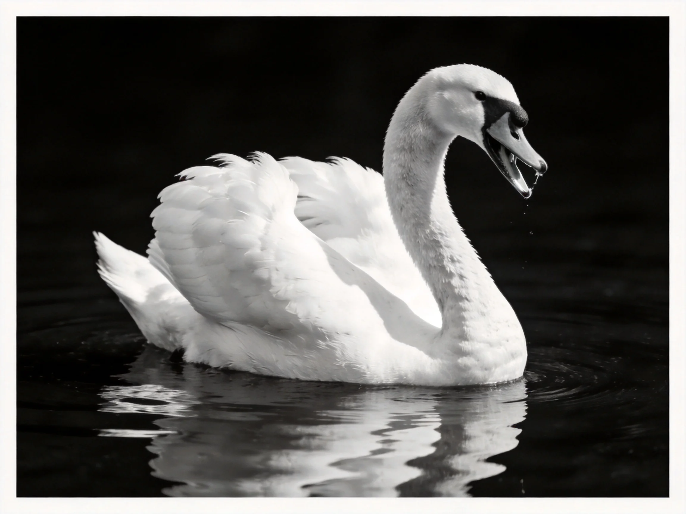 A graceful white swan gliding on dark water in monochrome