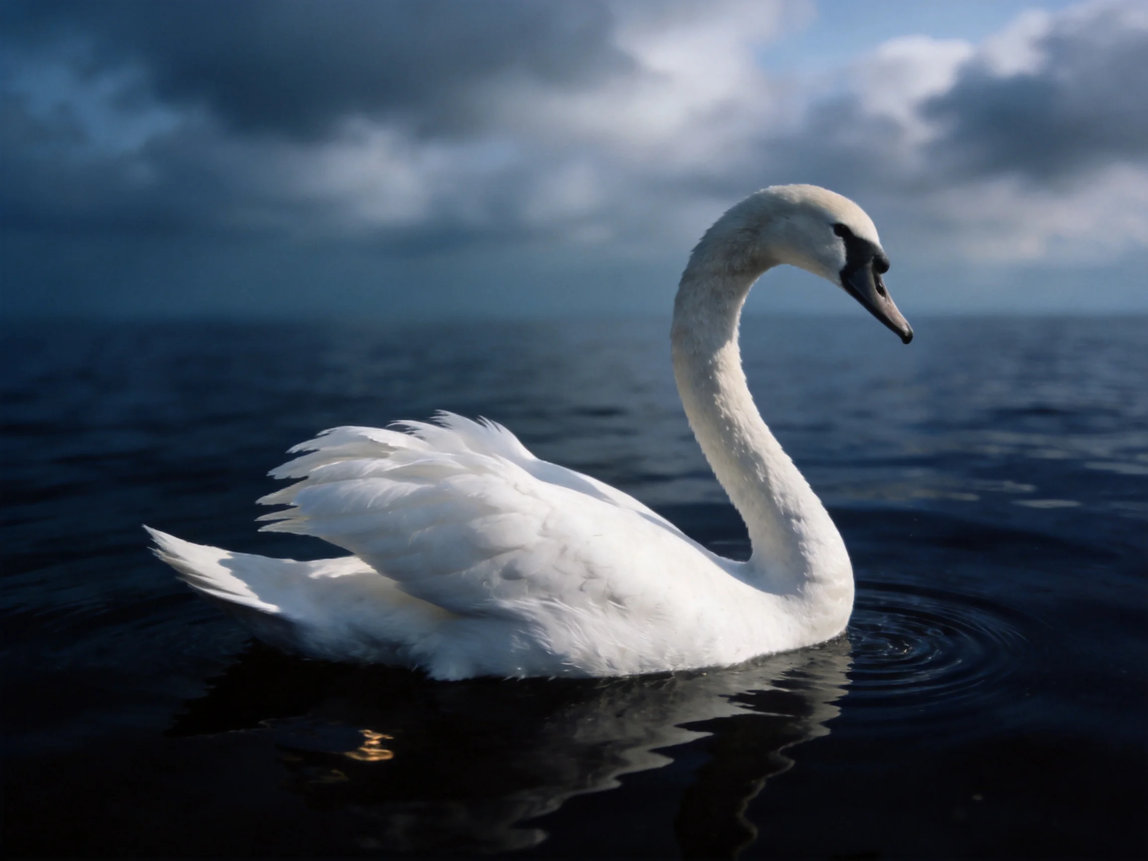 A graceful white swan gliding on deep blue water under moody clouds