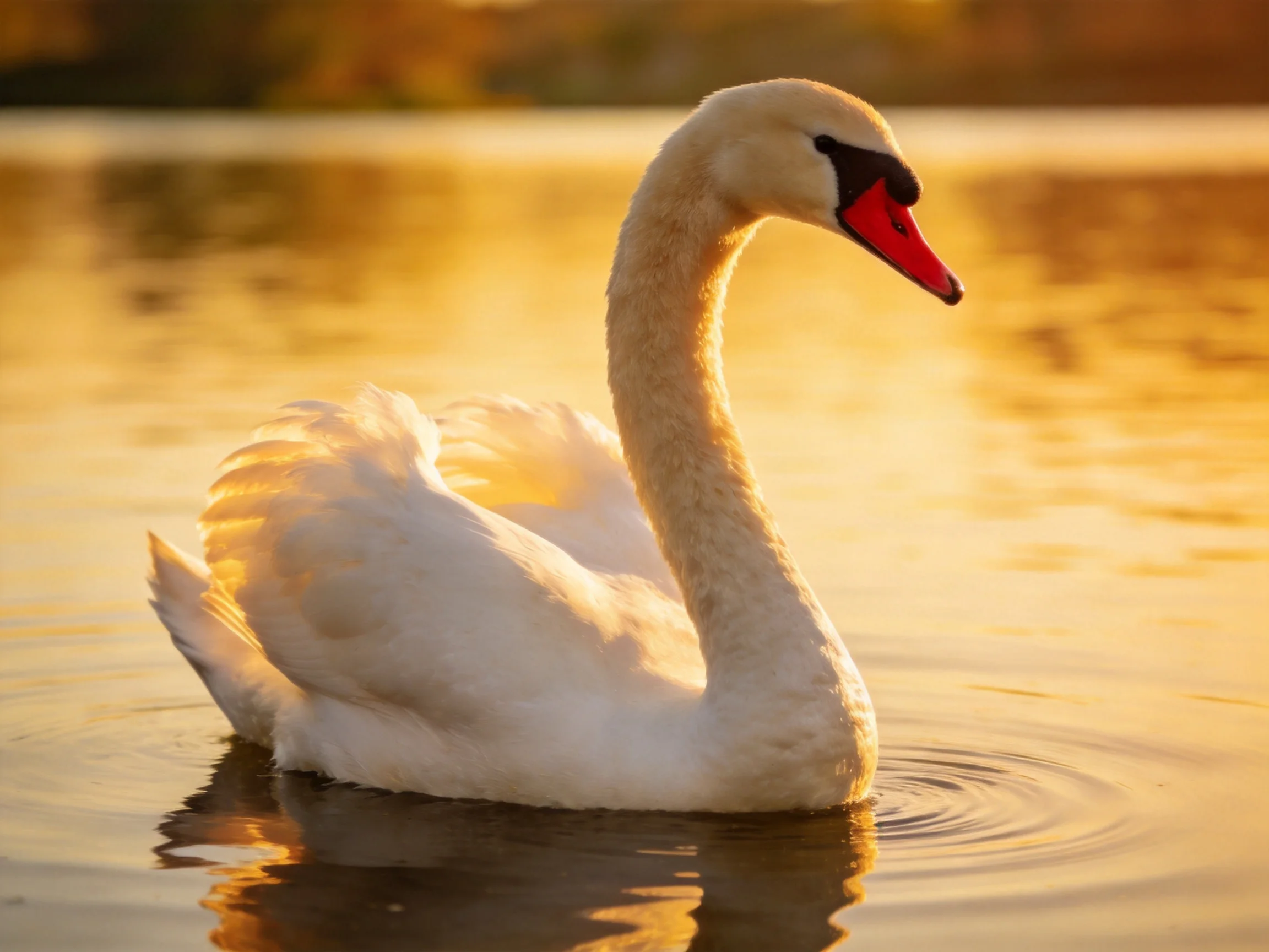 A graceful white swan gliding on golden-hued water