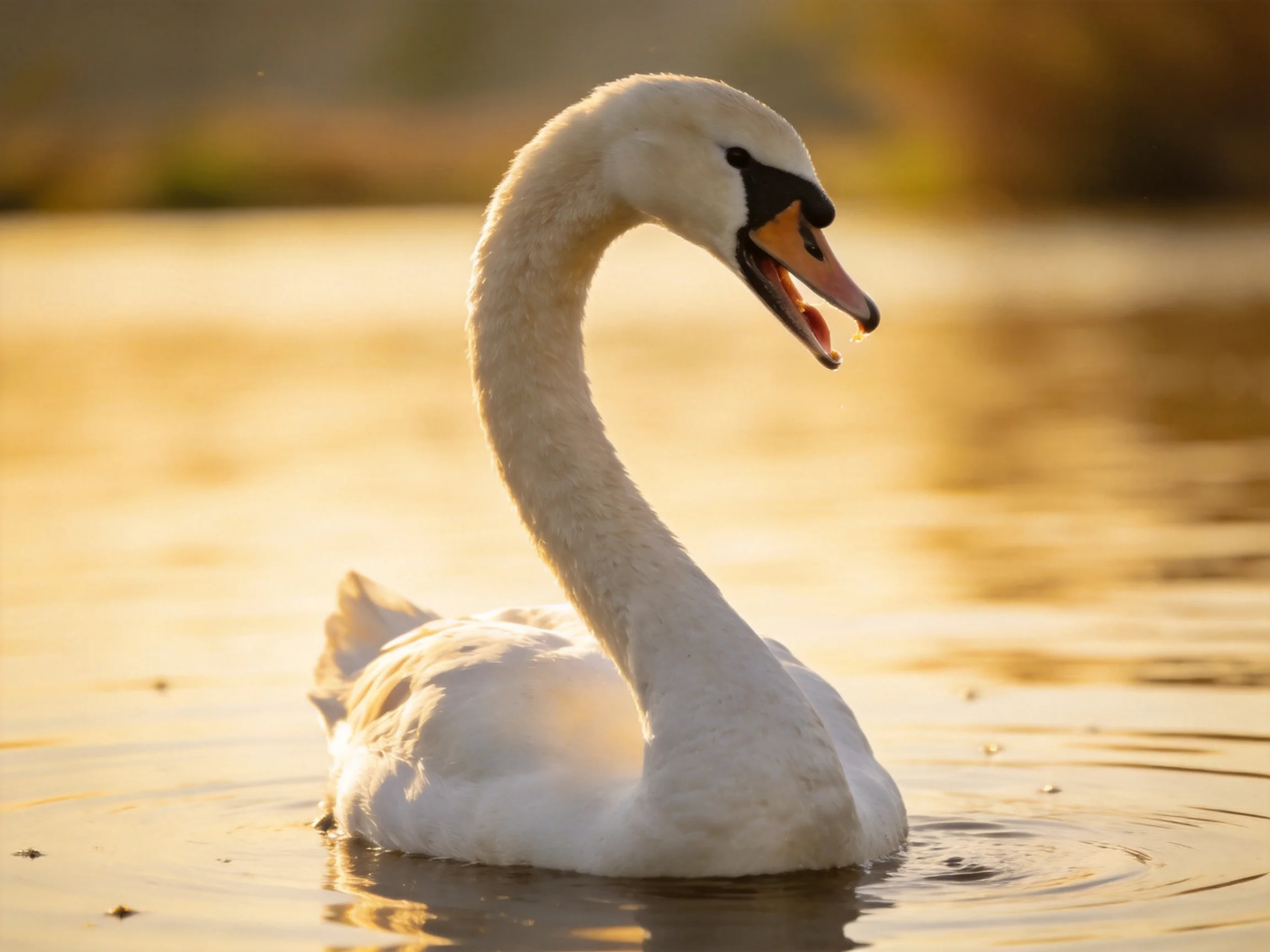 A graceful white swan gliding on golden-hued water