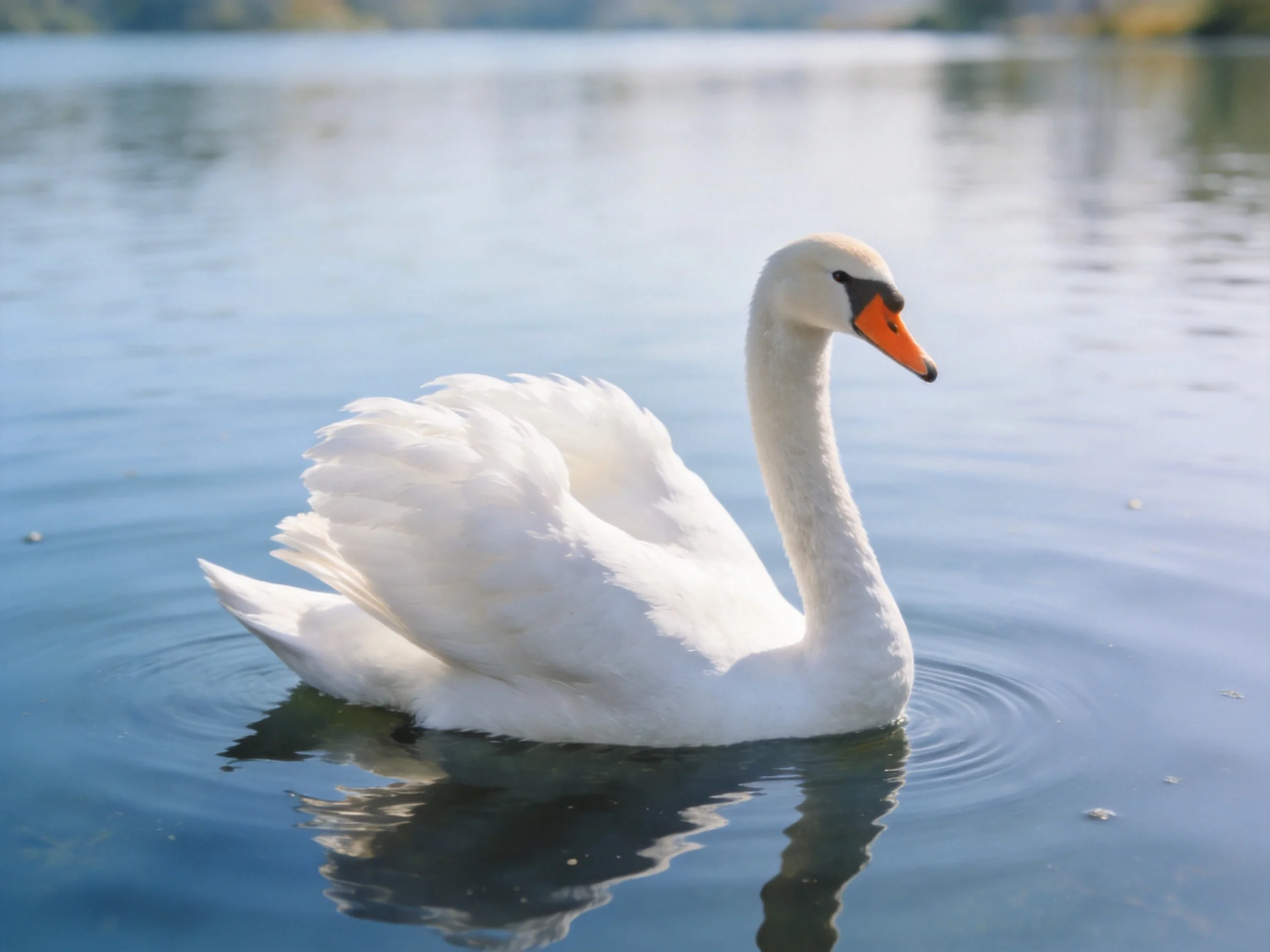 A graceful white swan gliding on serene blue water