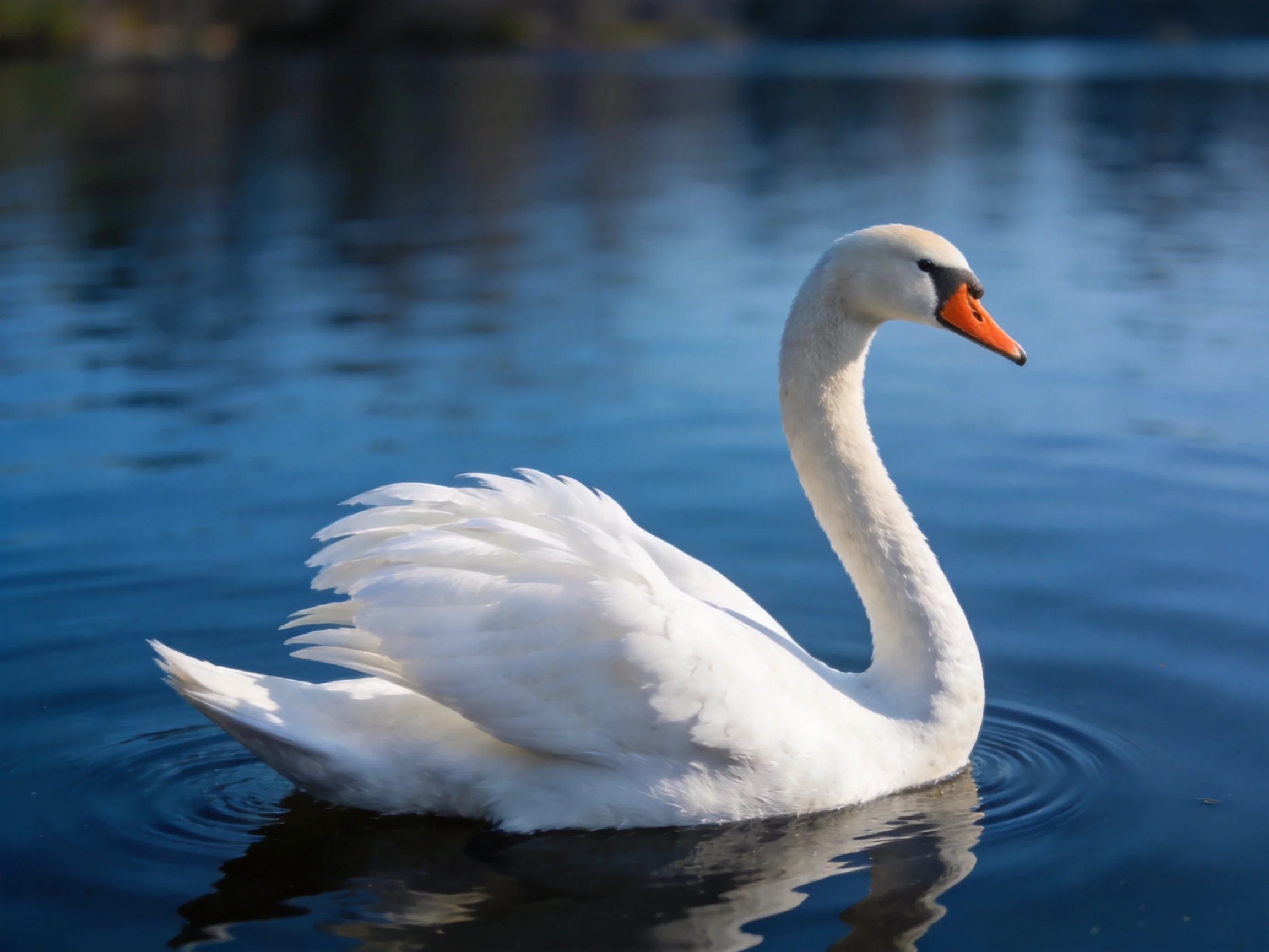 A graceful white swan gliding on serene blue water