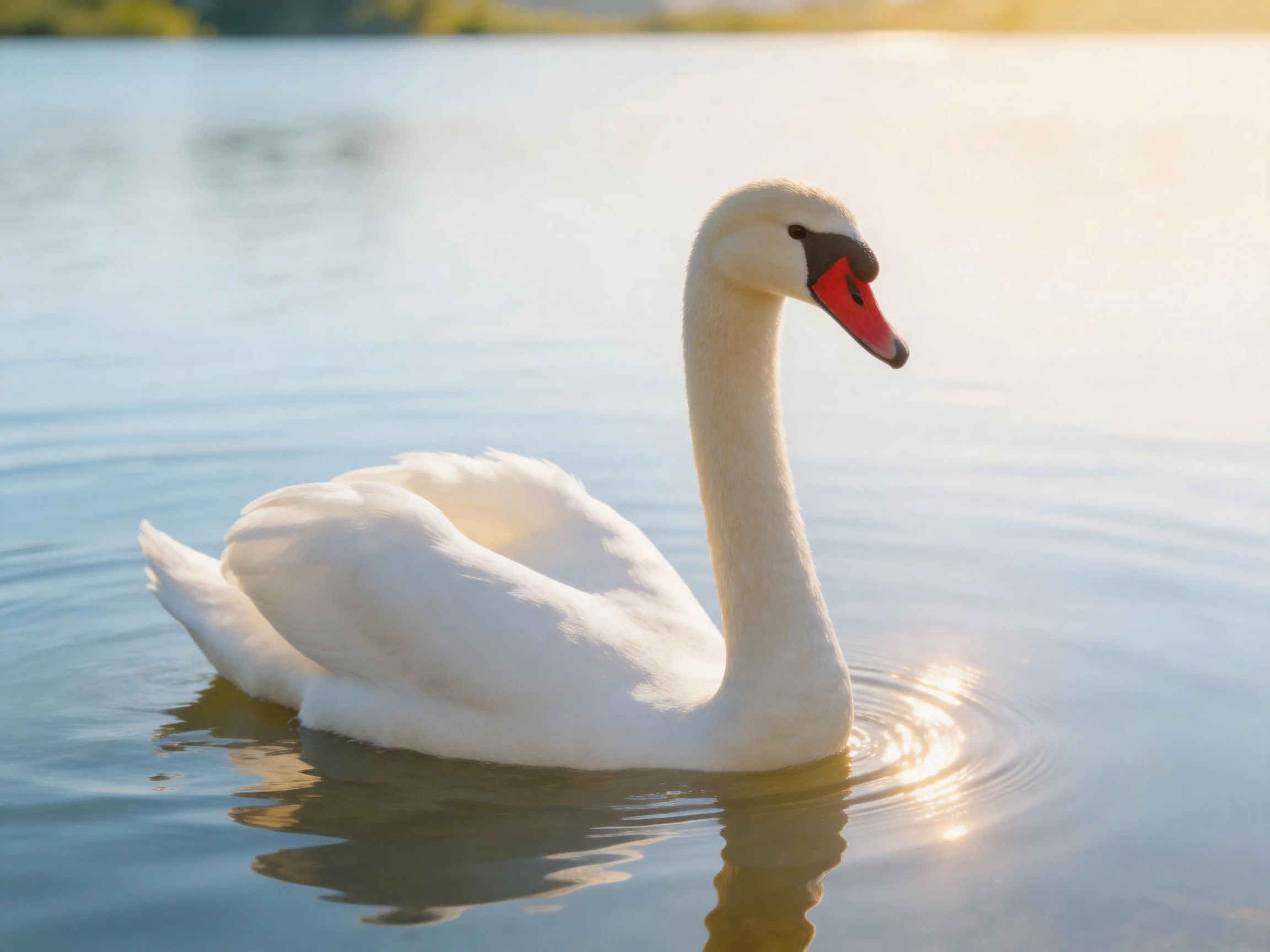A graceful white swan gliding on serene lake waters under golden light