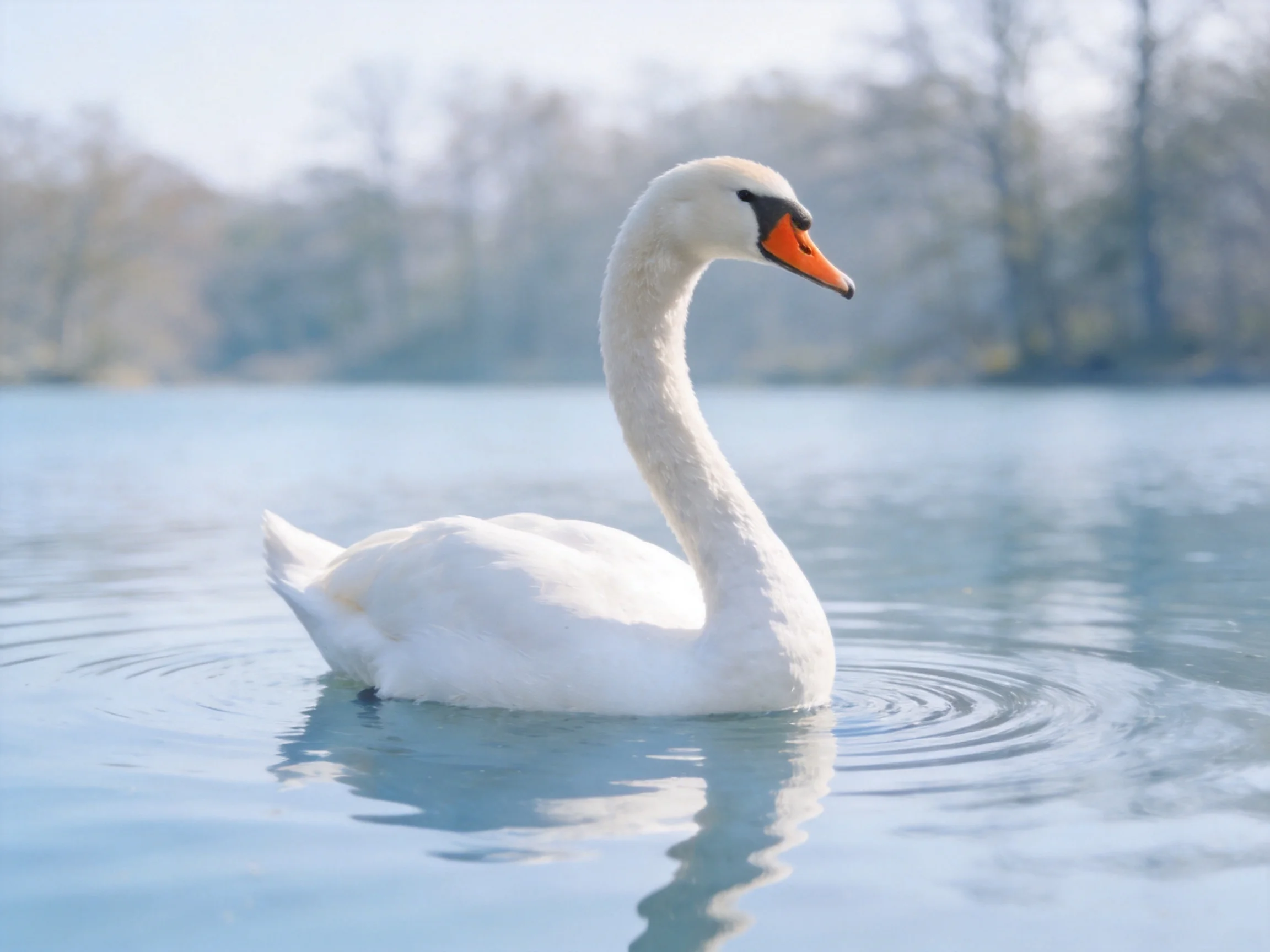 A graceful white swan gliding over calm blue water