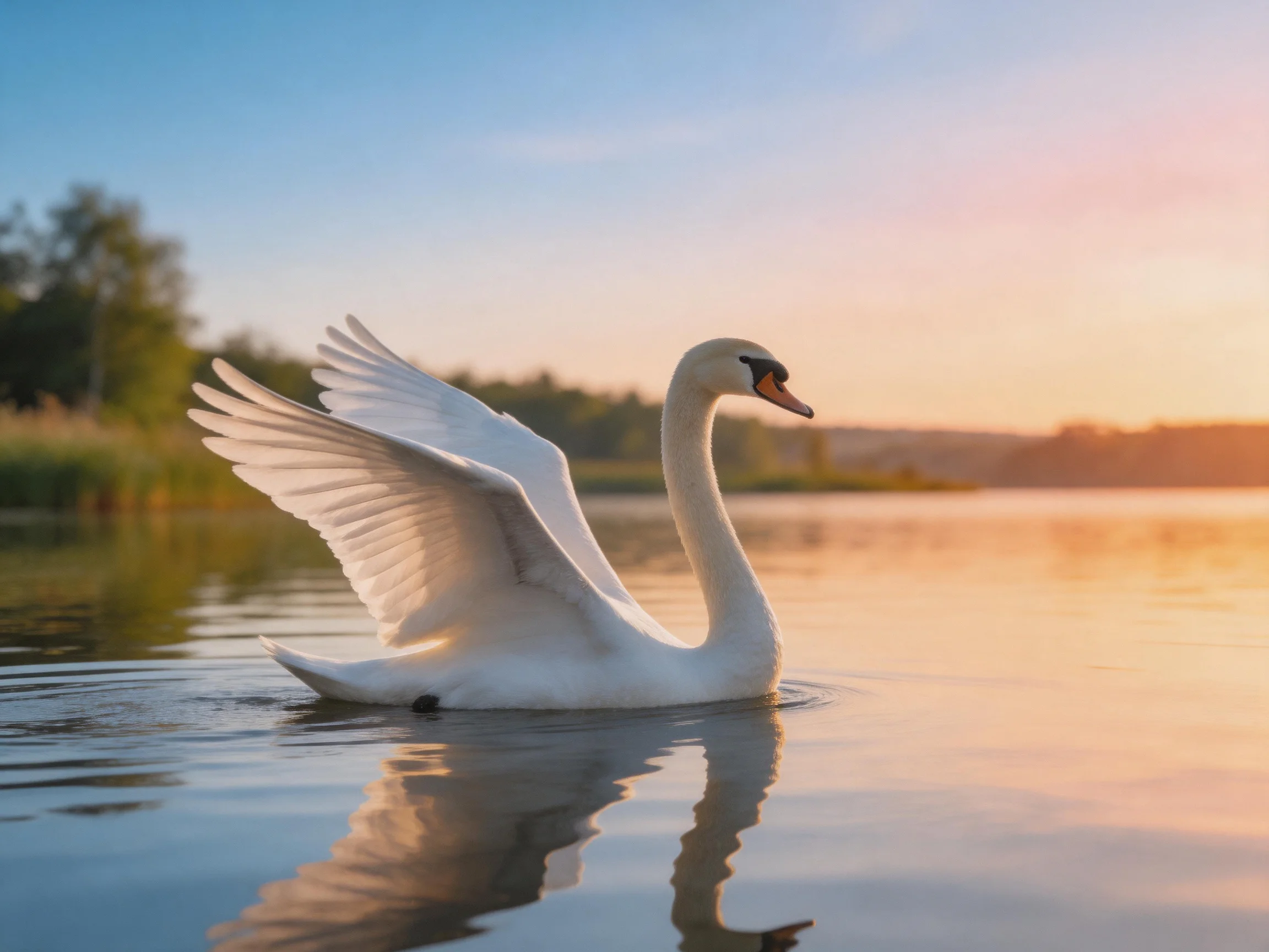 A graceful white swan gliding over calm waters at sunset