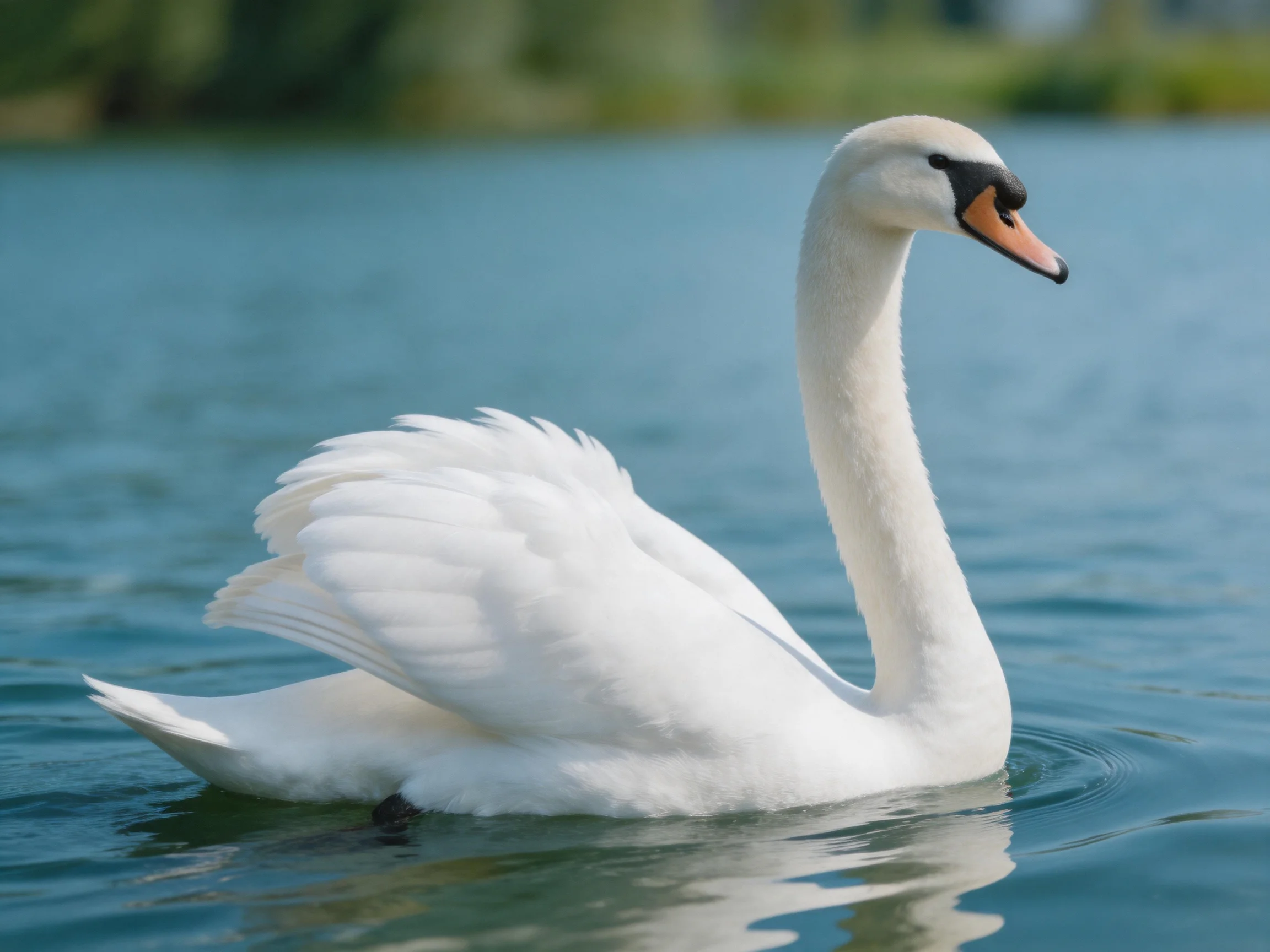 A graceful white swan gliding smoothly over tranquil blue water