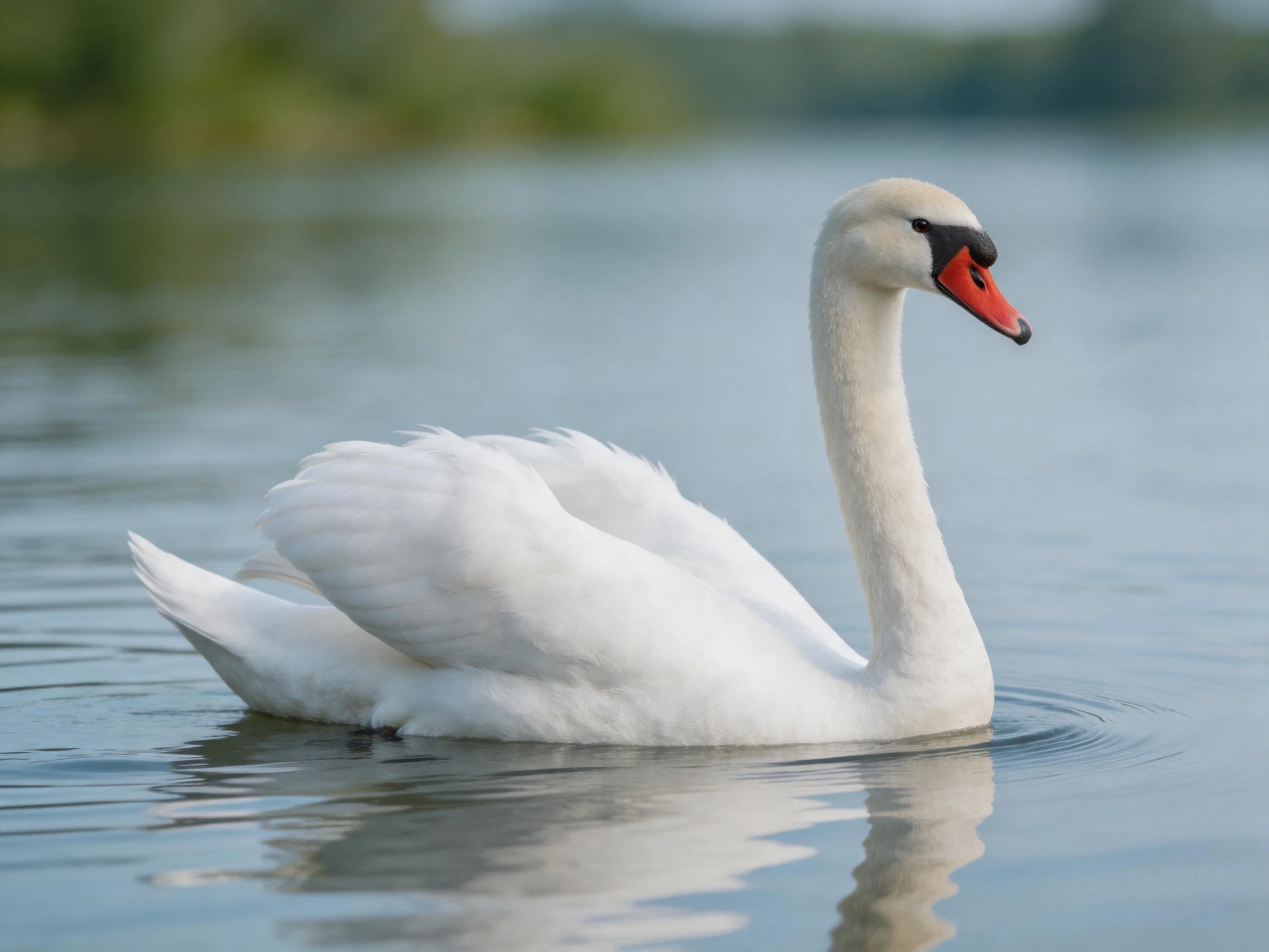A graceful white swan gliding through calm blue waters