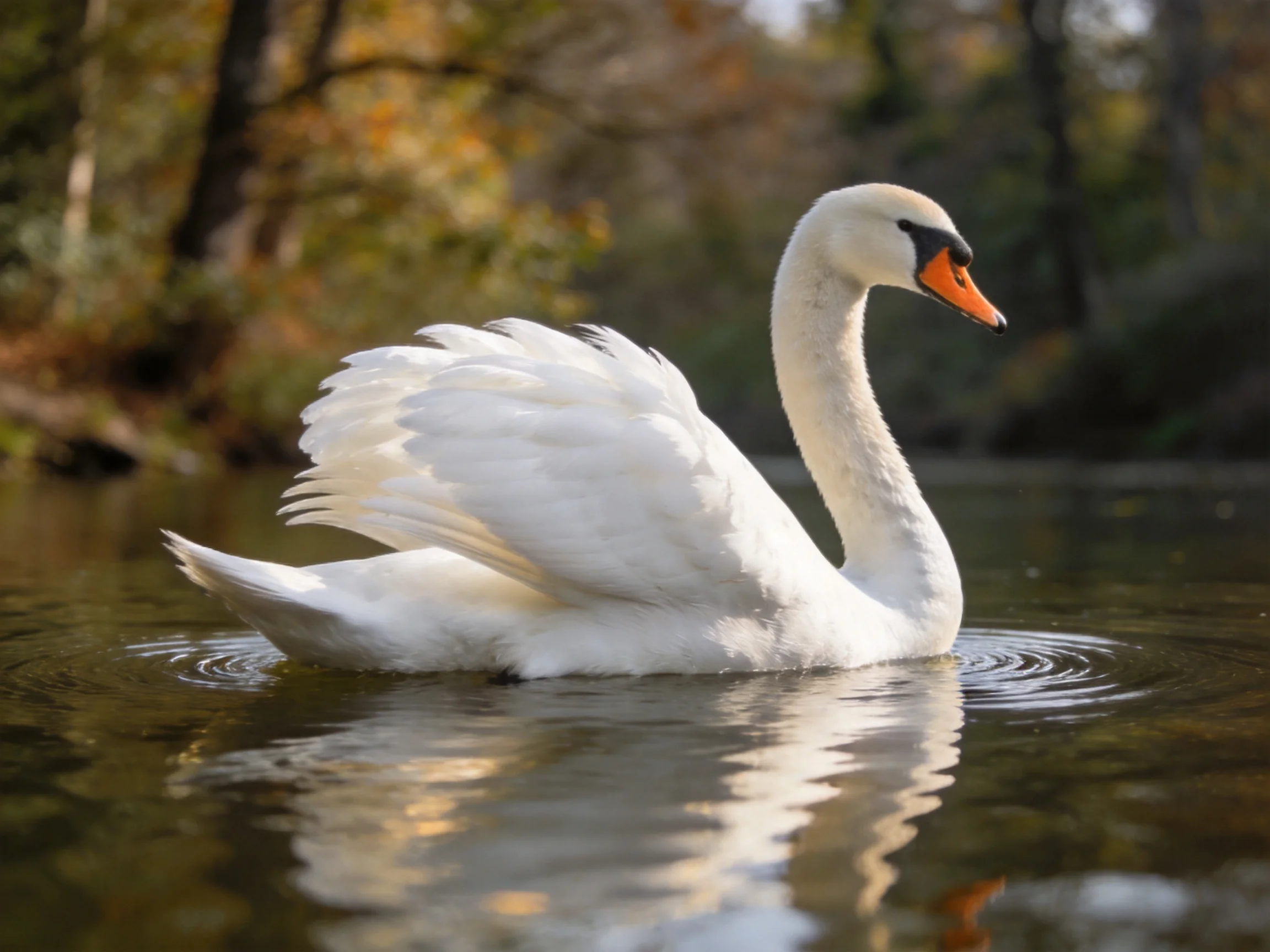 A graceful white swan gliding through calm water