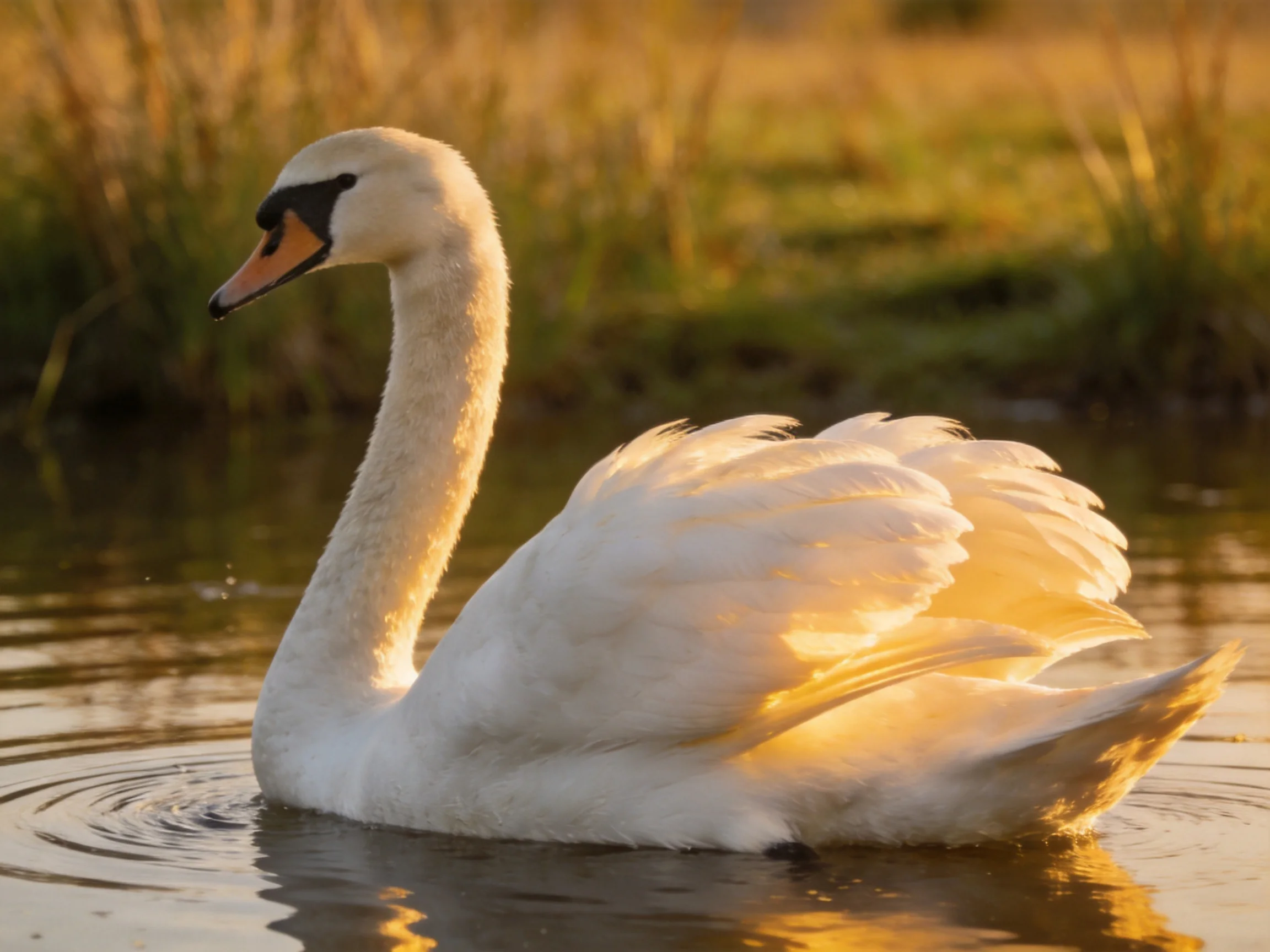 A graceful white swan gliding through calm waters at golden hour