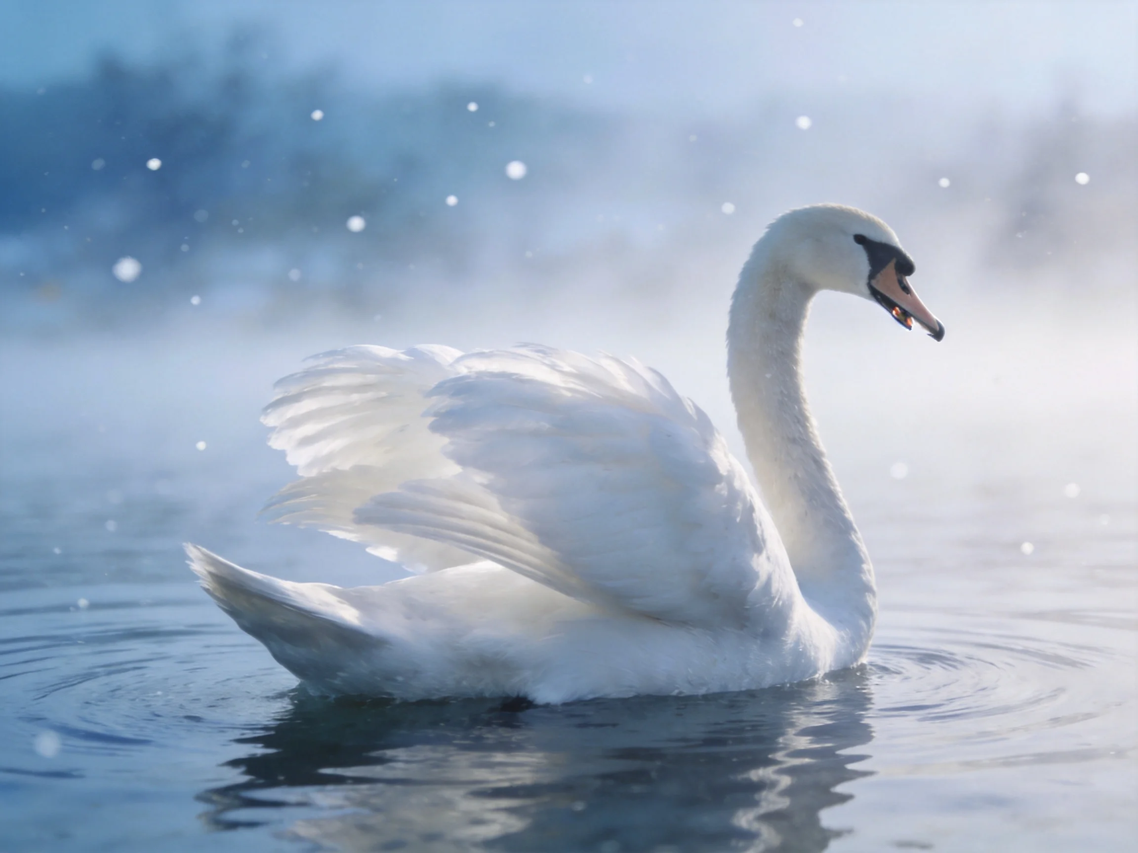 A graceful white swan gliding through misty water