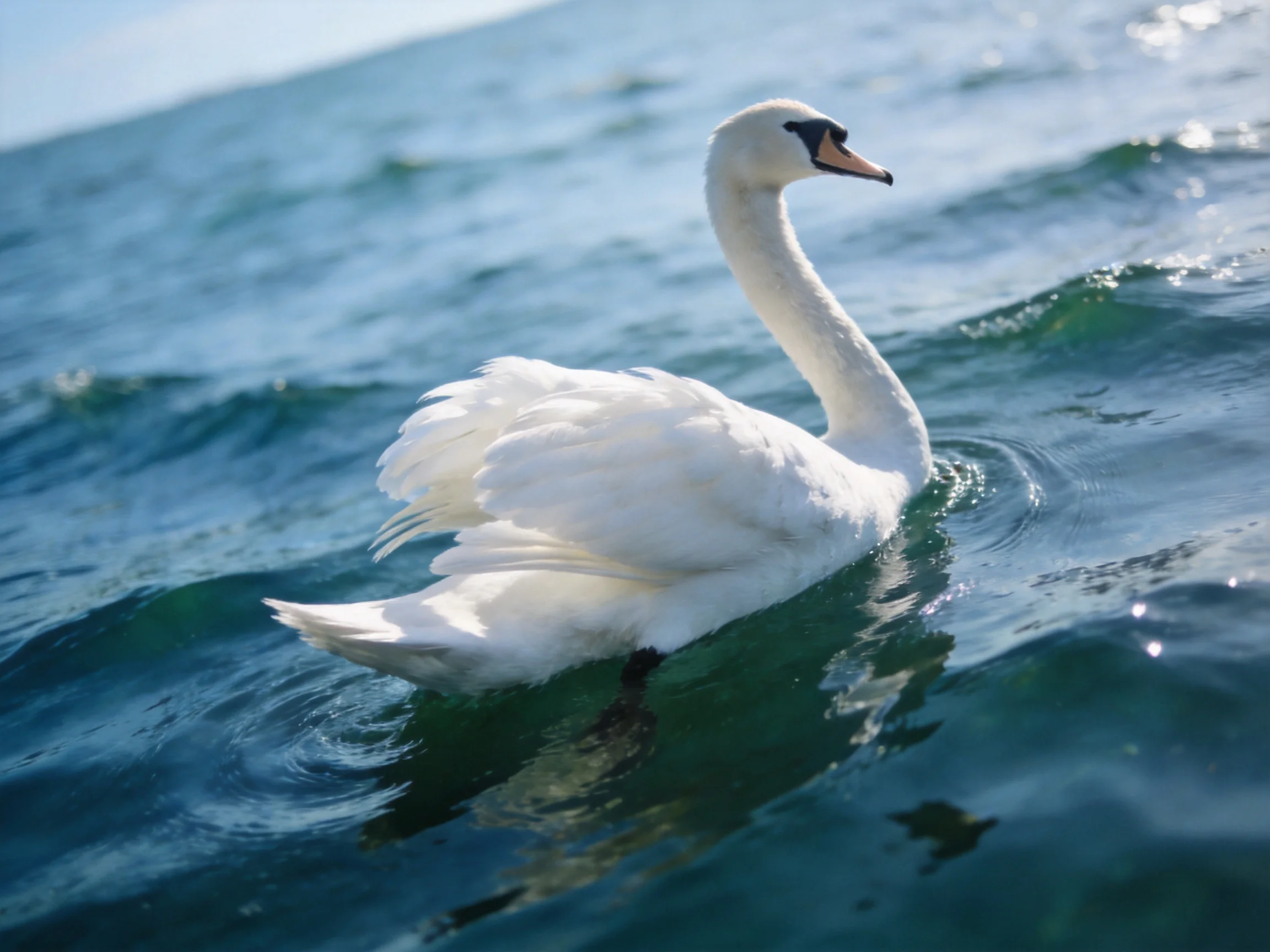 A graceful white swan gliding through turquoise ocean waters
