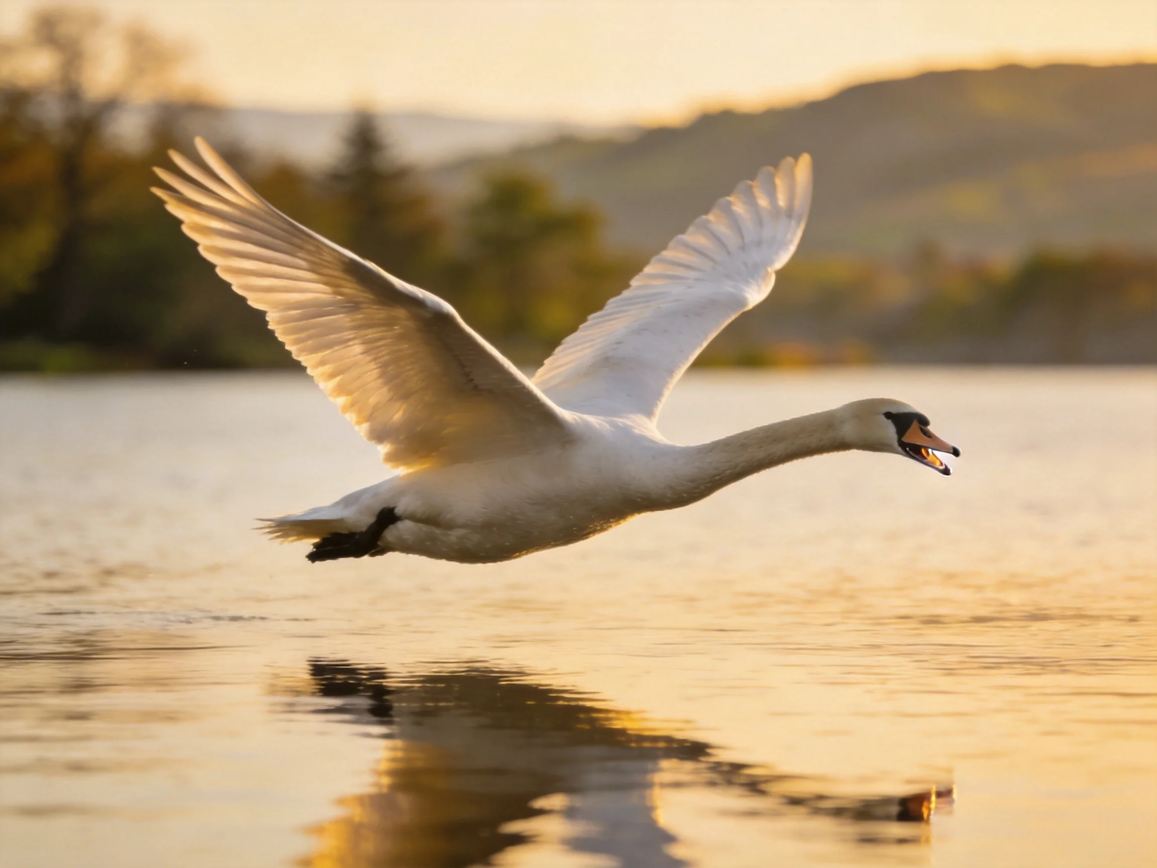 A graceful white swan soaring over calm waterat golden hour