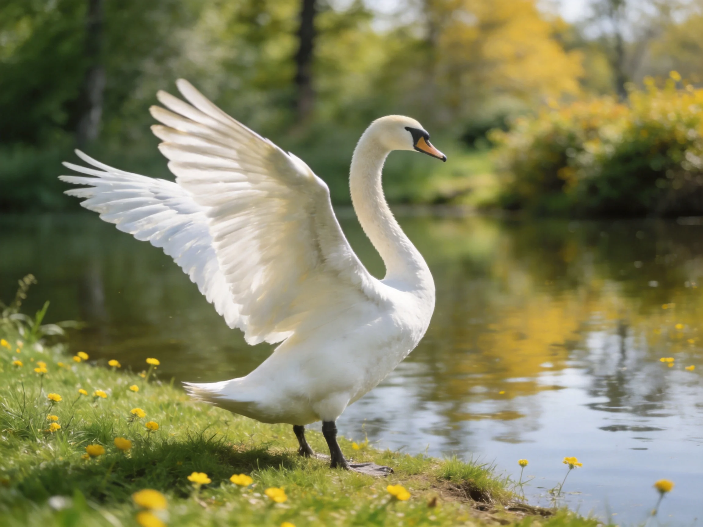A graceful white swan spreading wings by a peaceful pond