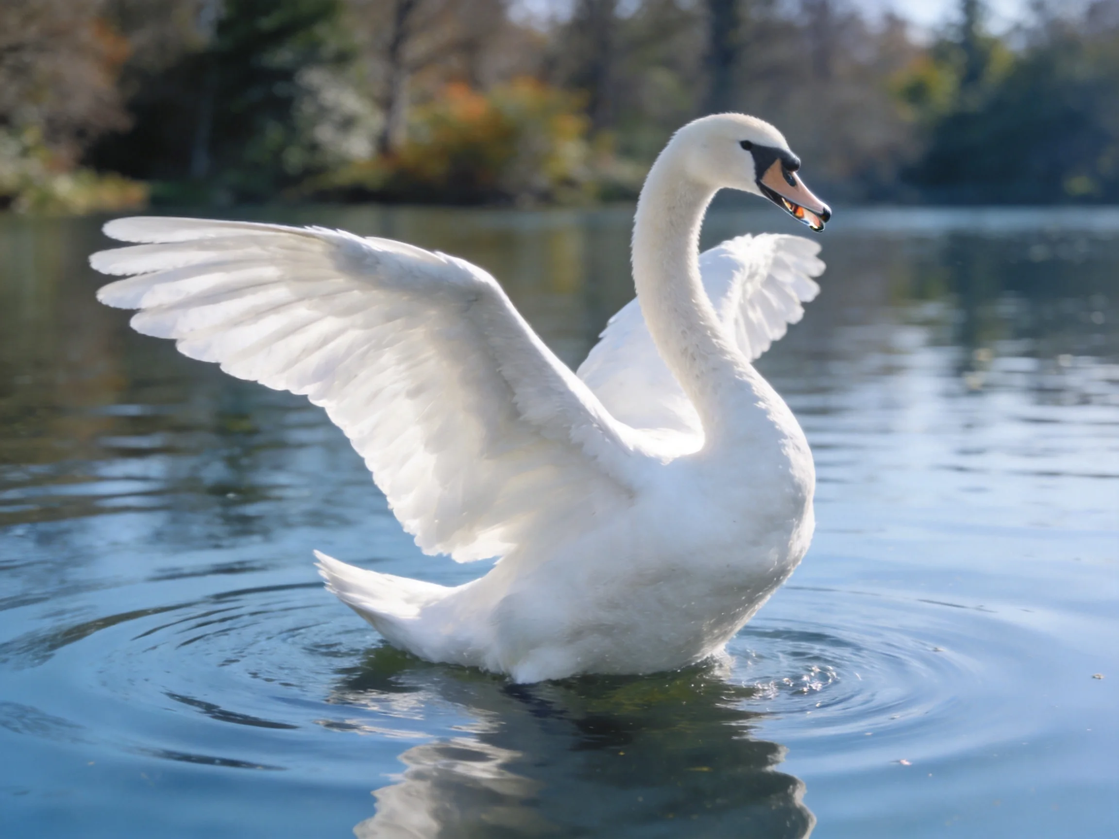 A graceful white swan spreading wings in calm blue water