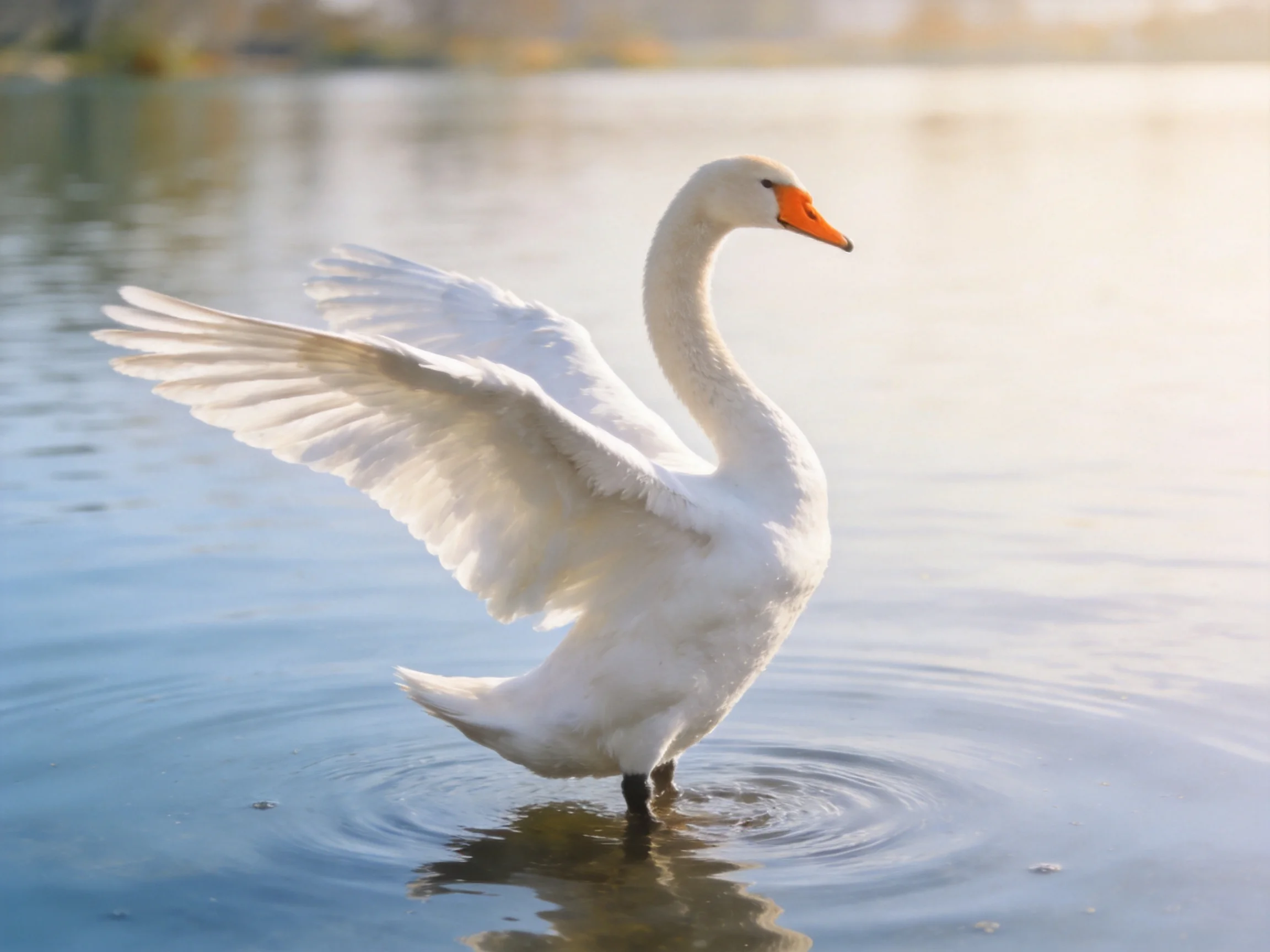 A graceful white swan spreading wings in calm blue water