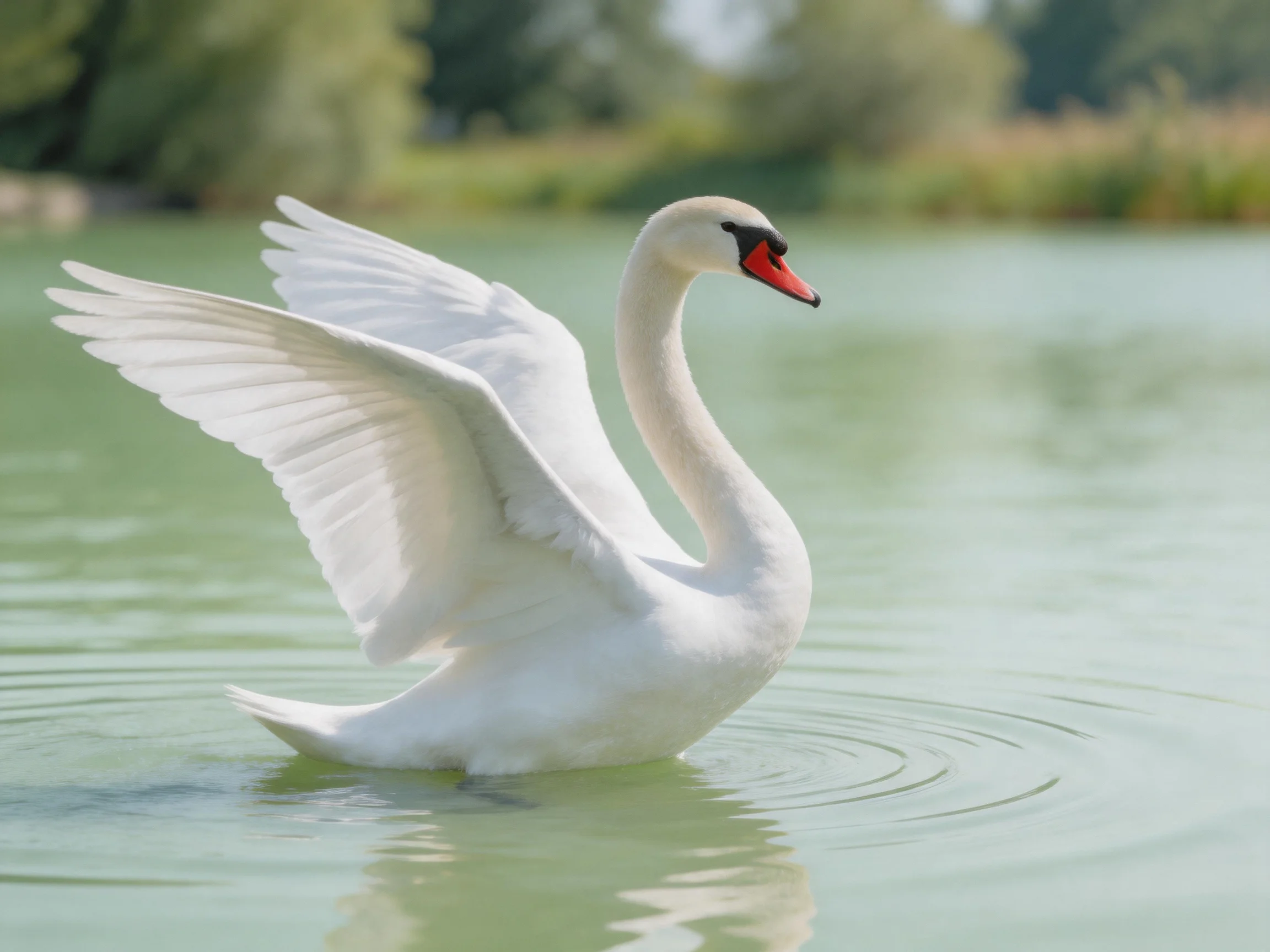 A graceful white swan spreading wings in calm green water