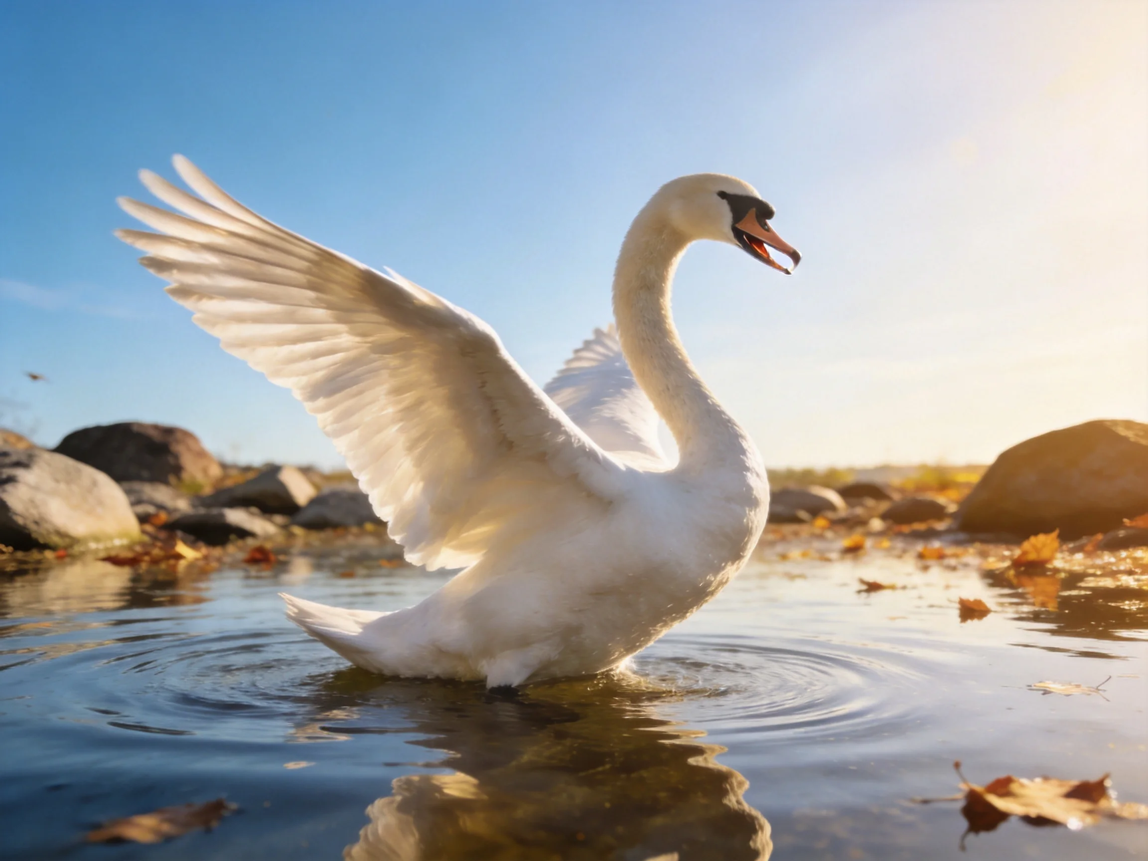 A graceful white swan spreading wings in calm water near rocks