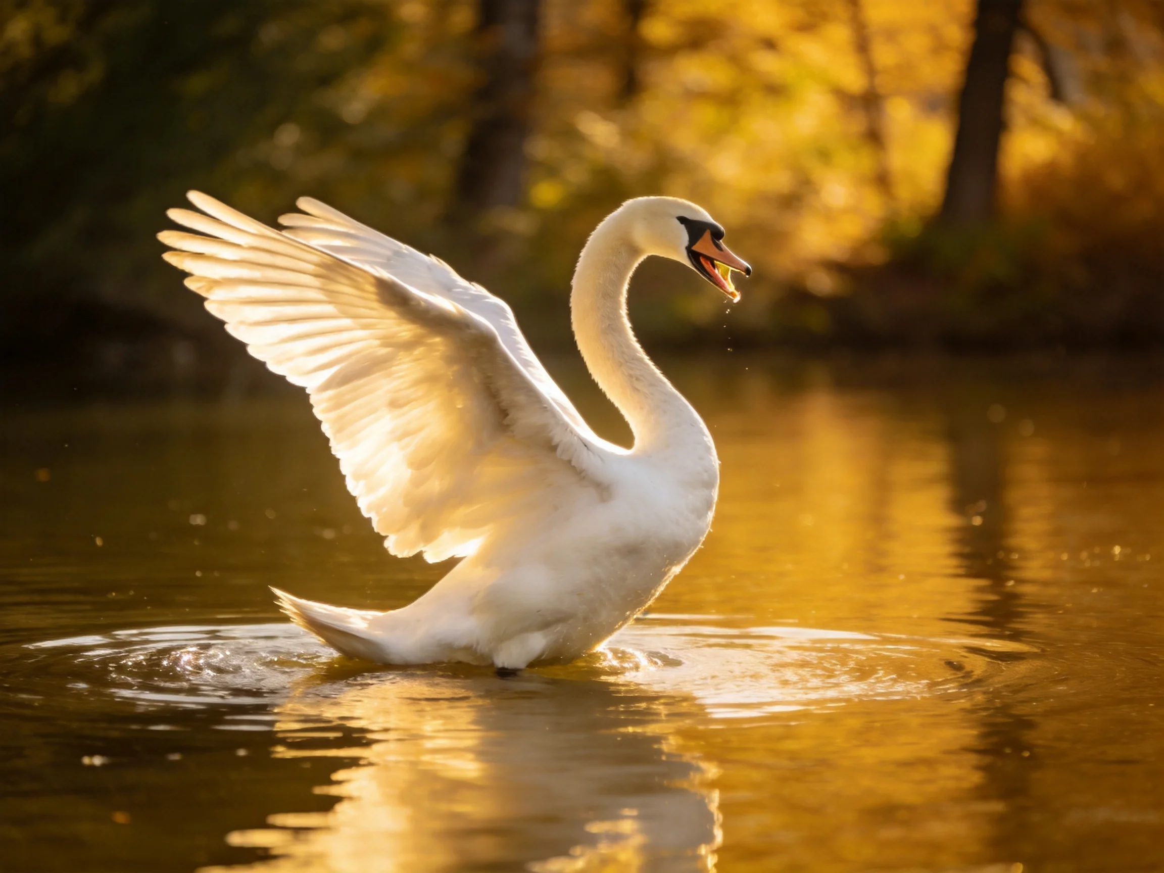 A graceful white swan spreading wings in golden waterlight