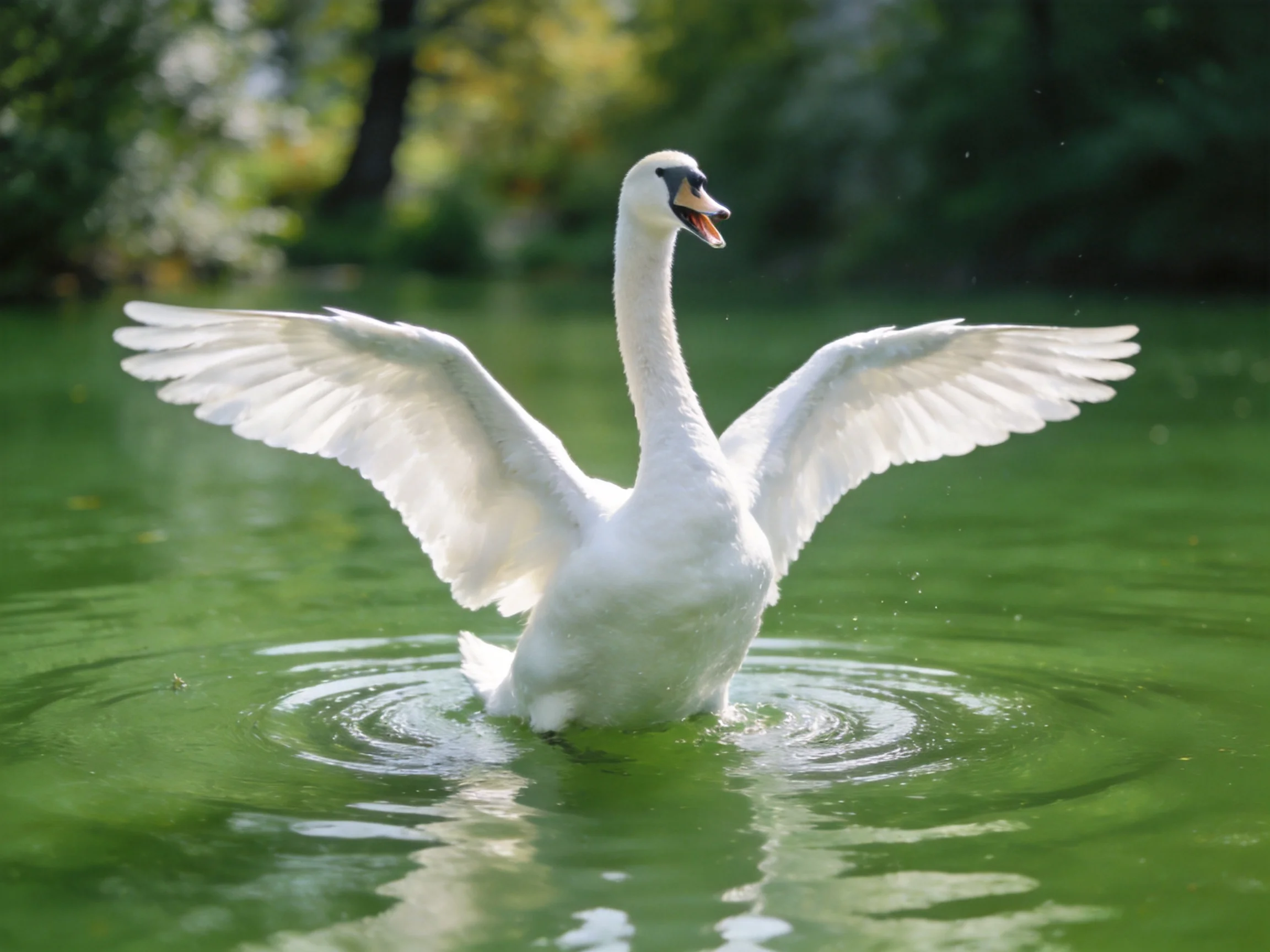 A graceful white swan spreading wings in green water