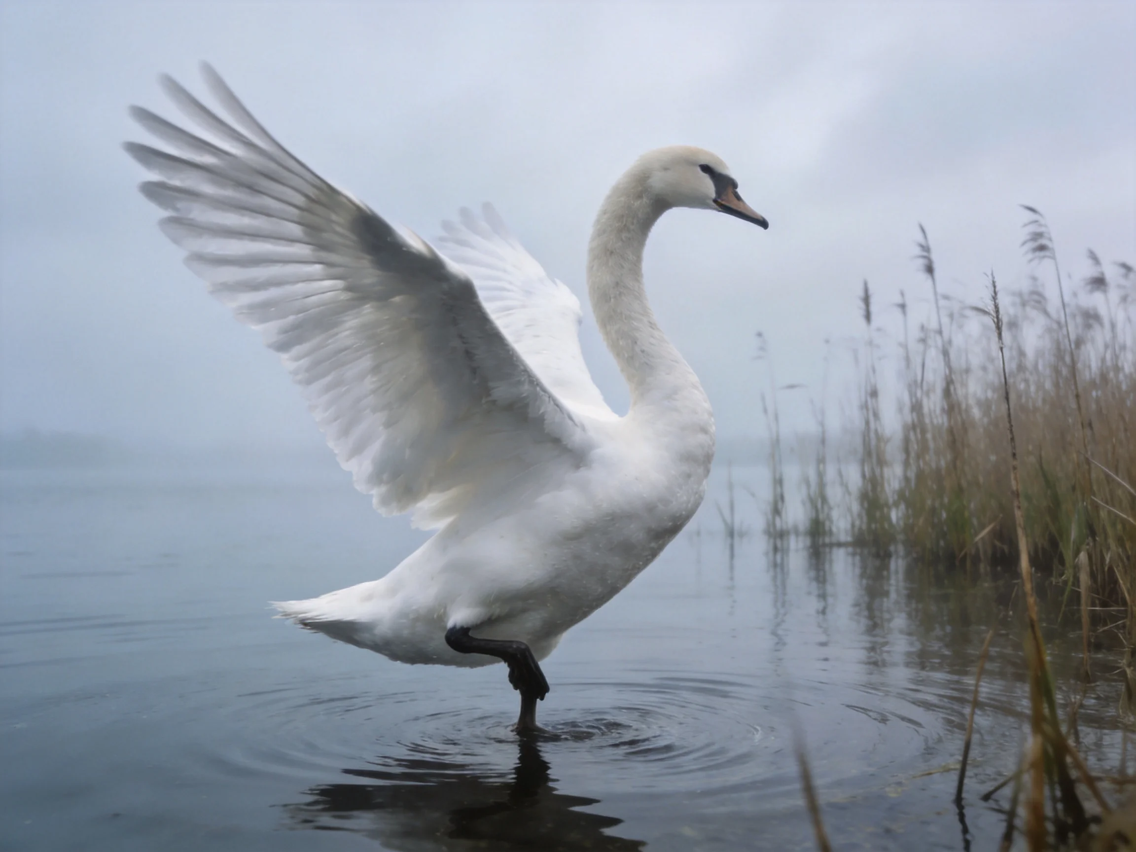 A graceful white swan spreading wings in misty waters