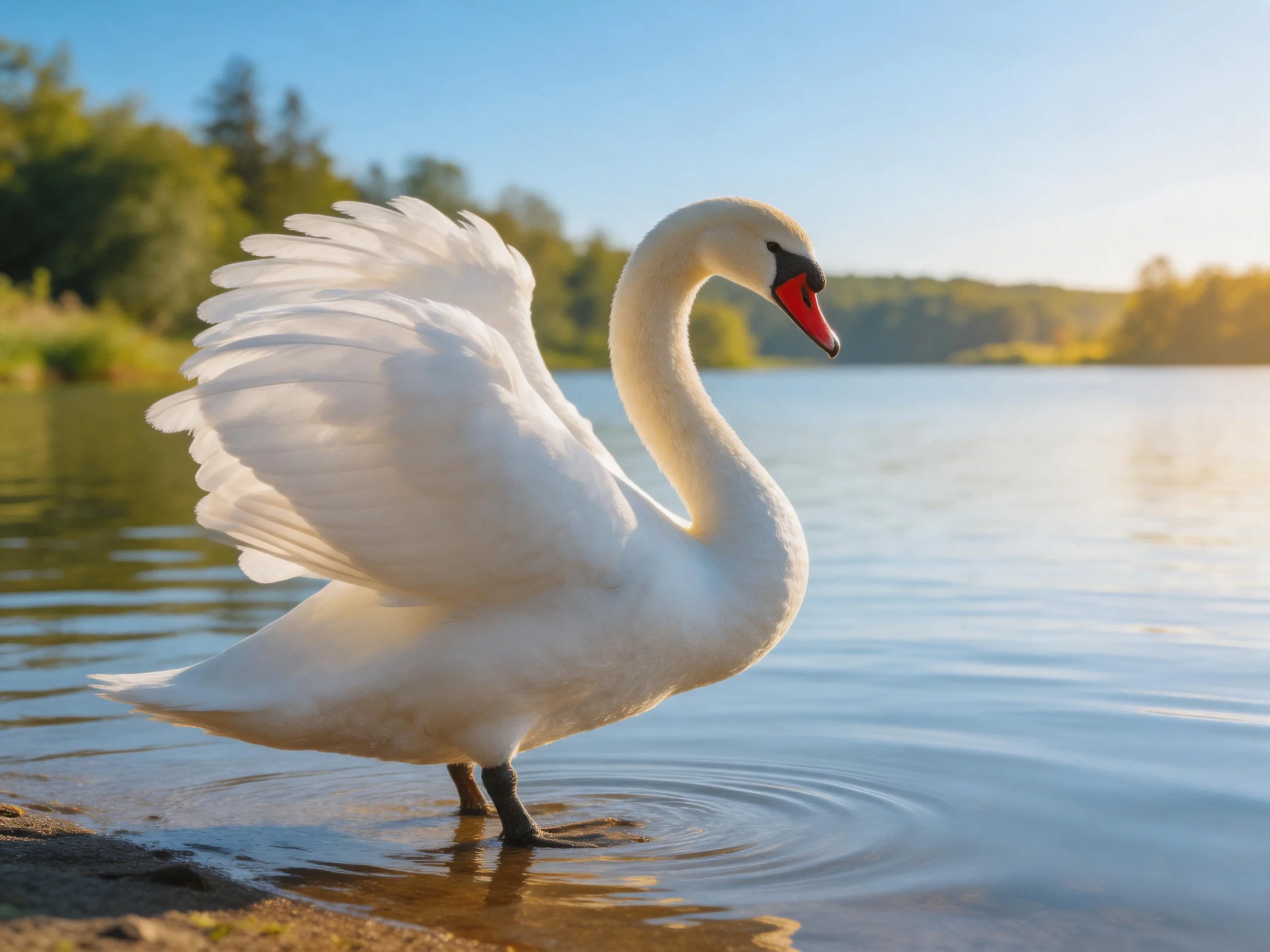 A graceful white swan spreading wings near calm waters