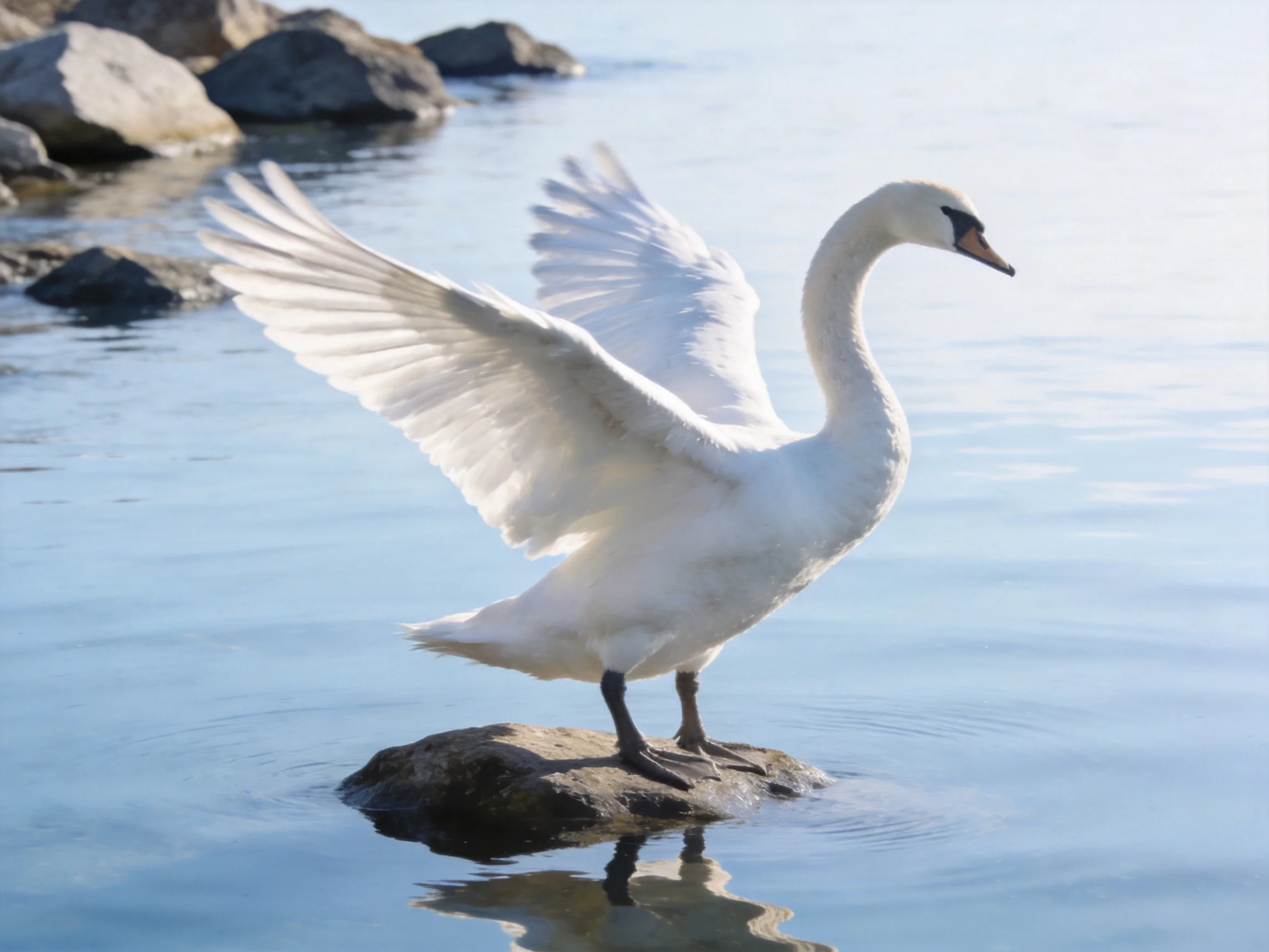 A graceful white swan spreading wings on a rocky shore
