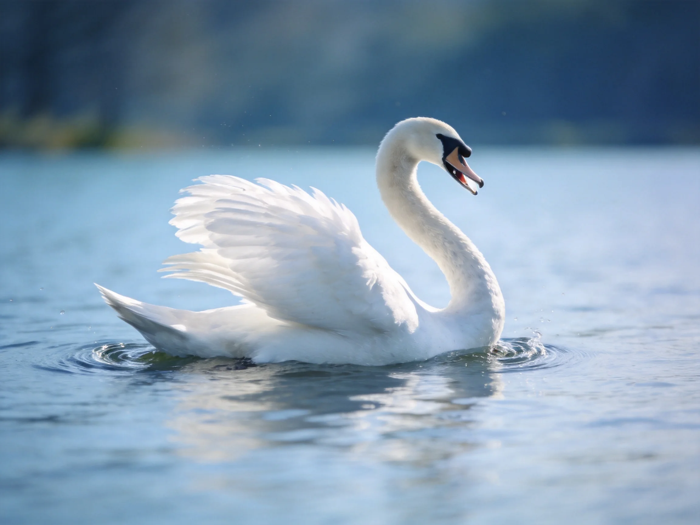 A graceful white swan spreading wings on calm blue waters