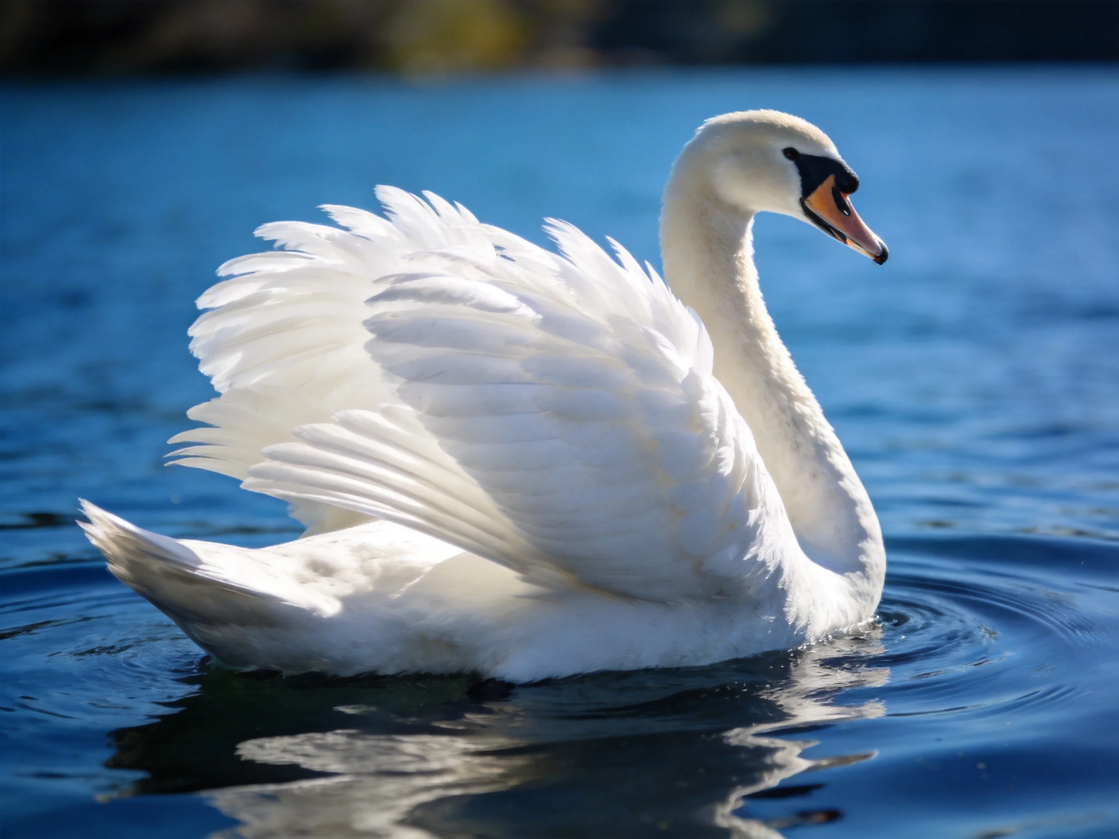 A graceful white swan spreading wings on clear blue water