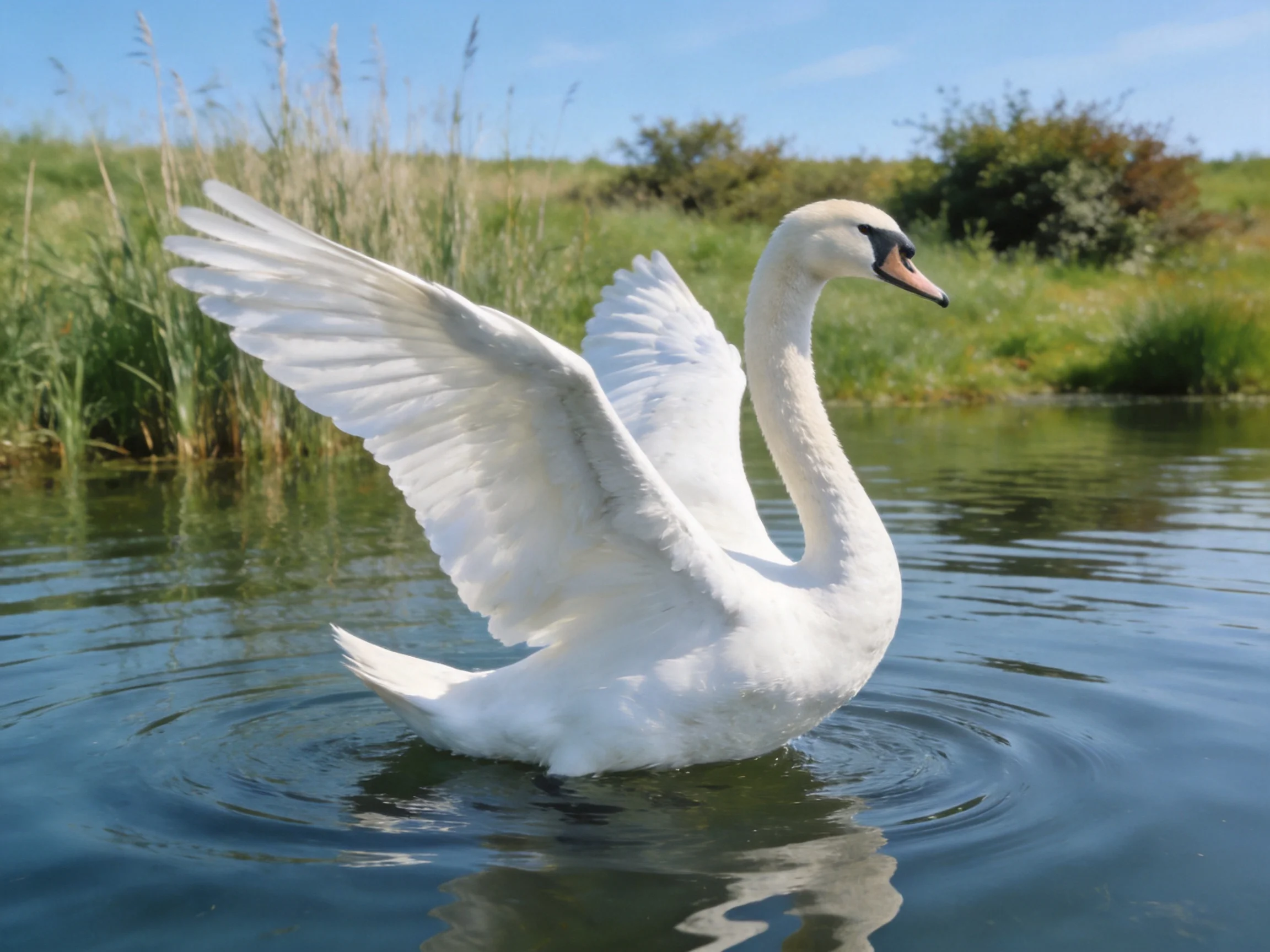 A graceful white swan spreading wings over calm water