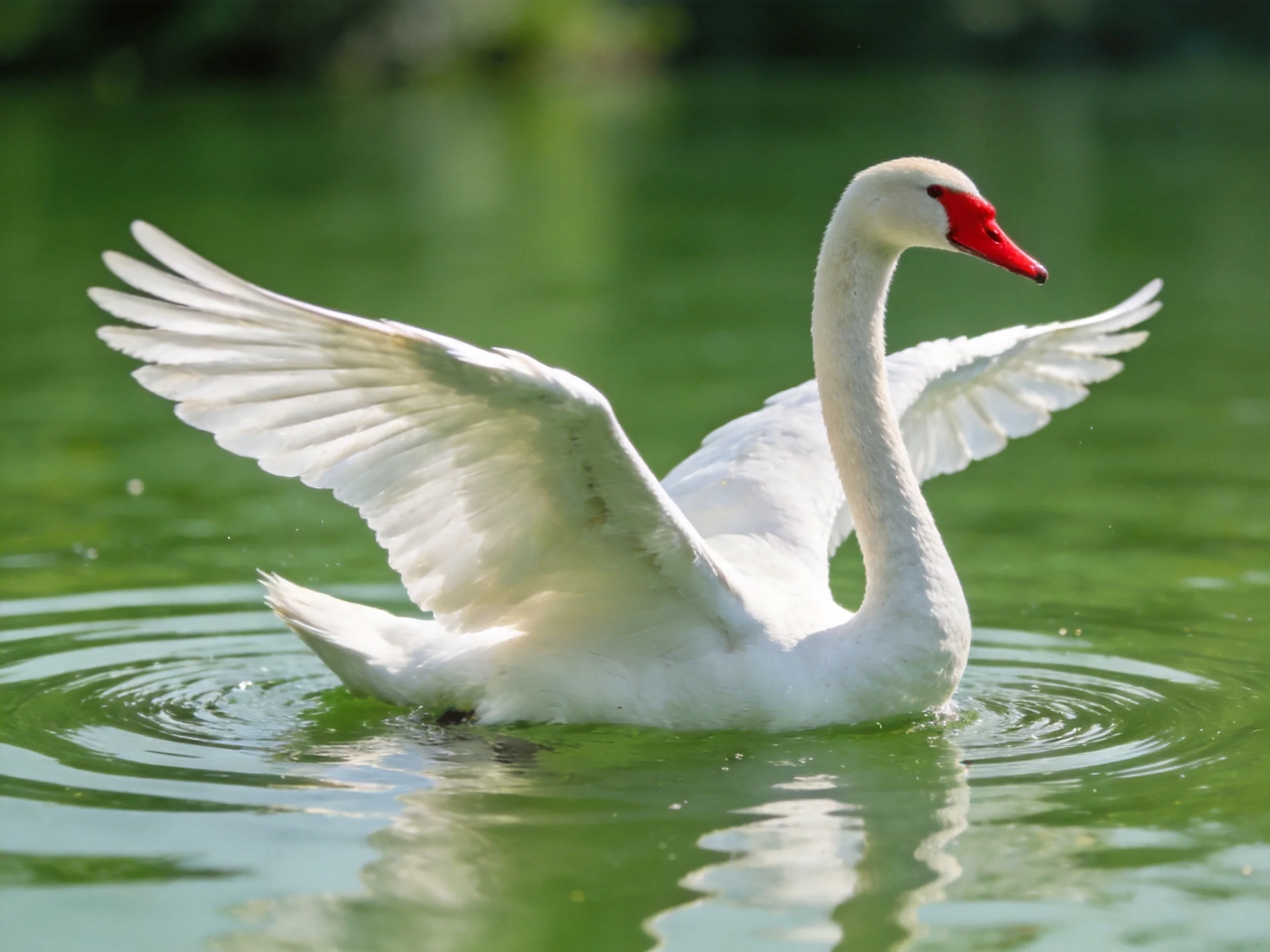 A graceful white swan spreads wings in calm green water