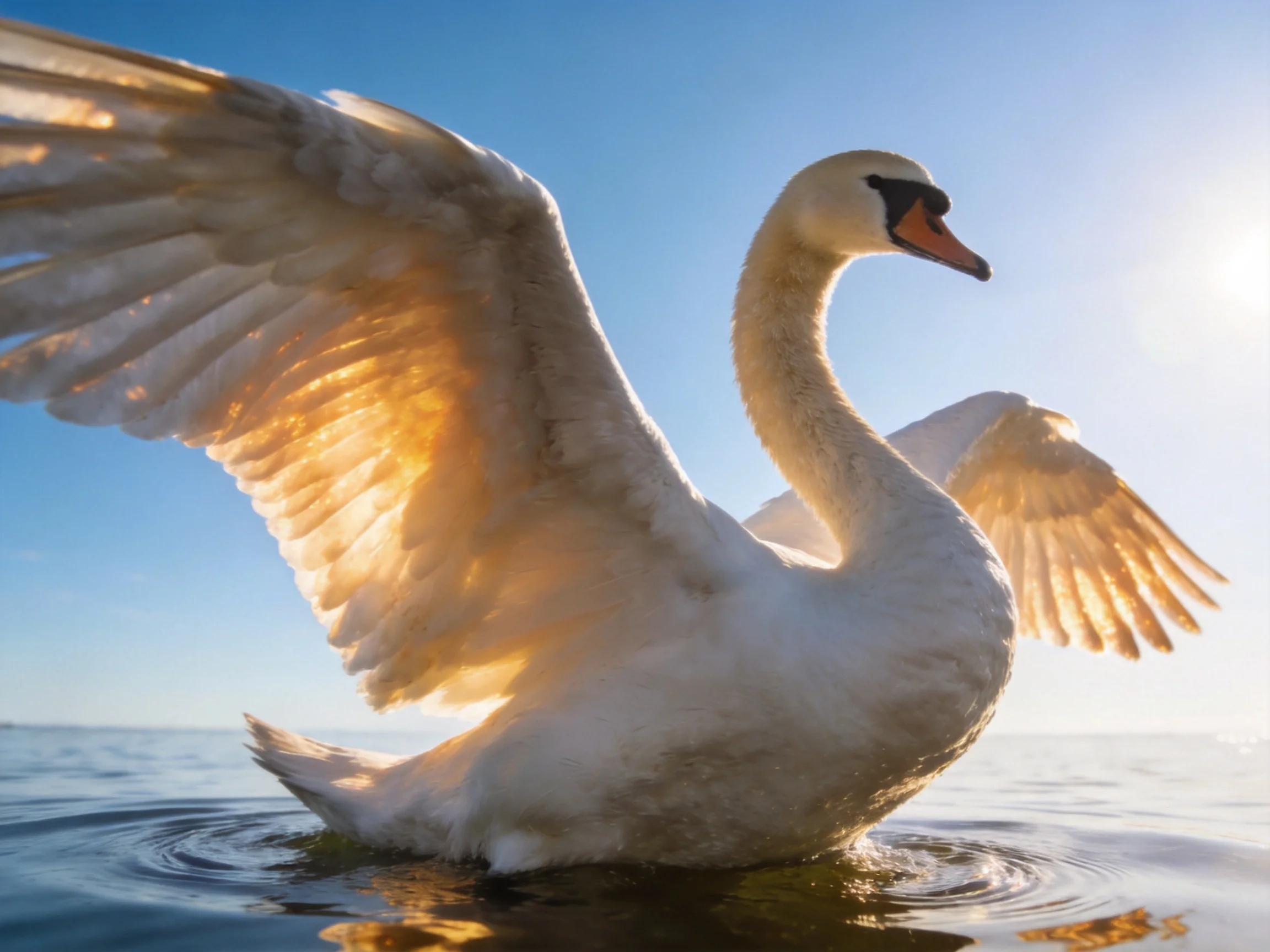 A graceful white swan spreads wings in golden sunlight over calm water