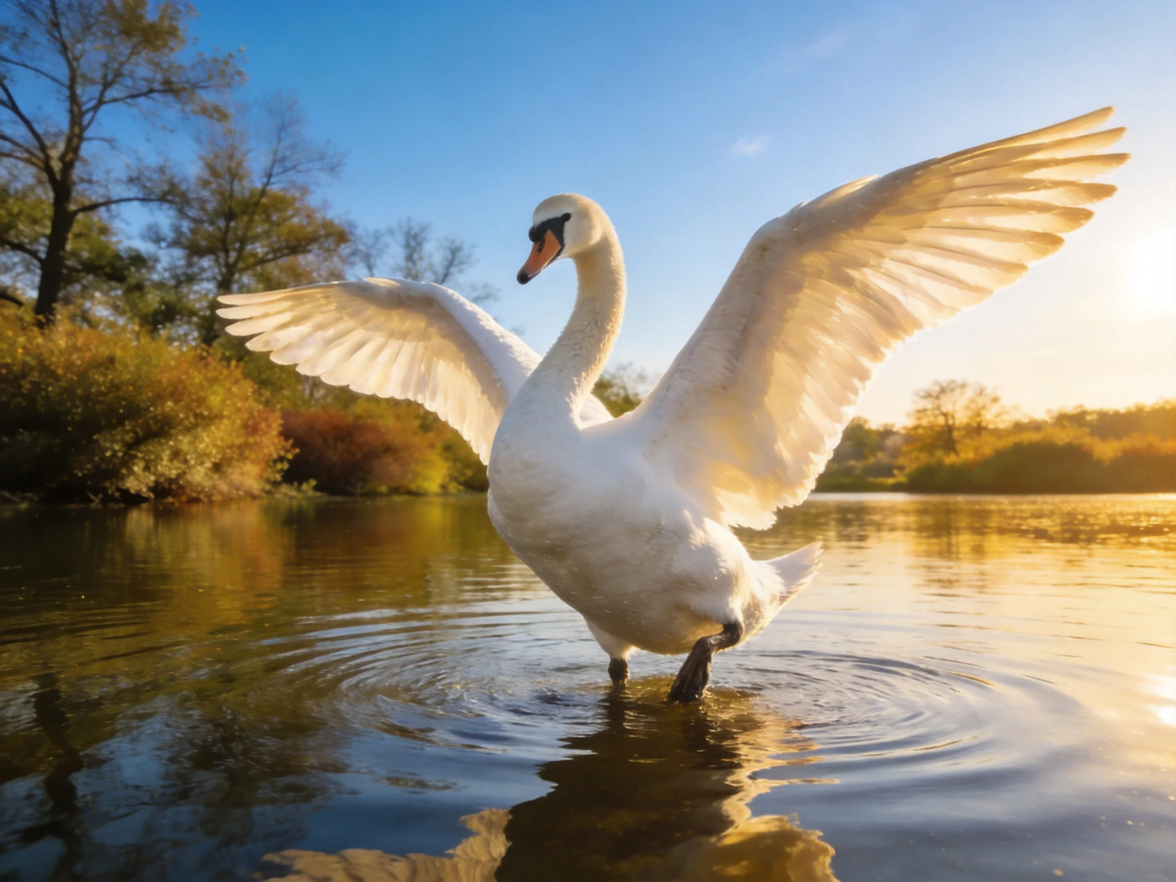 A graceful white swan spreads wings in golden waterlight