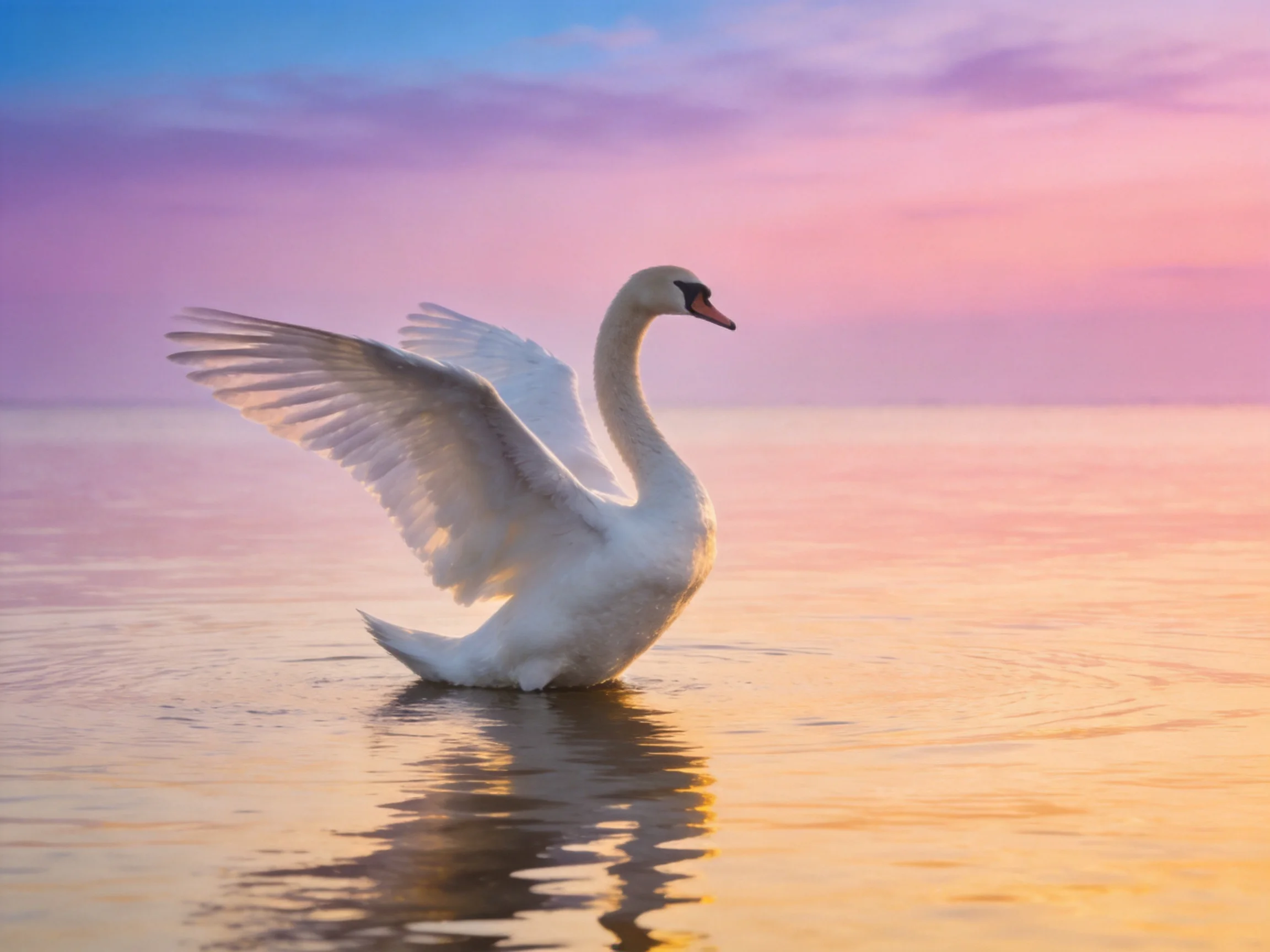 A graceful white swan spreads wings on calm water at dawn