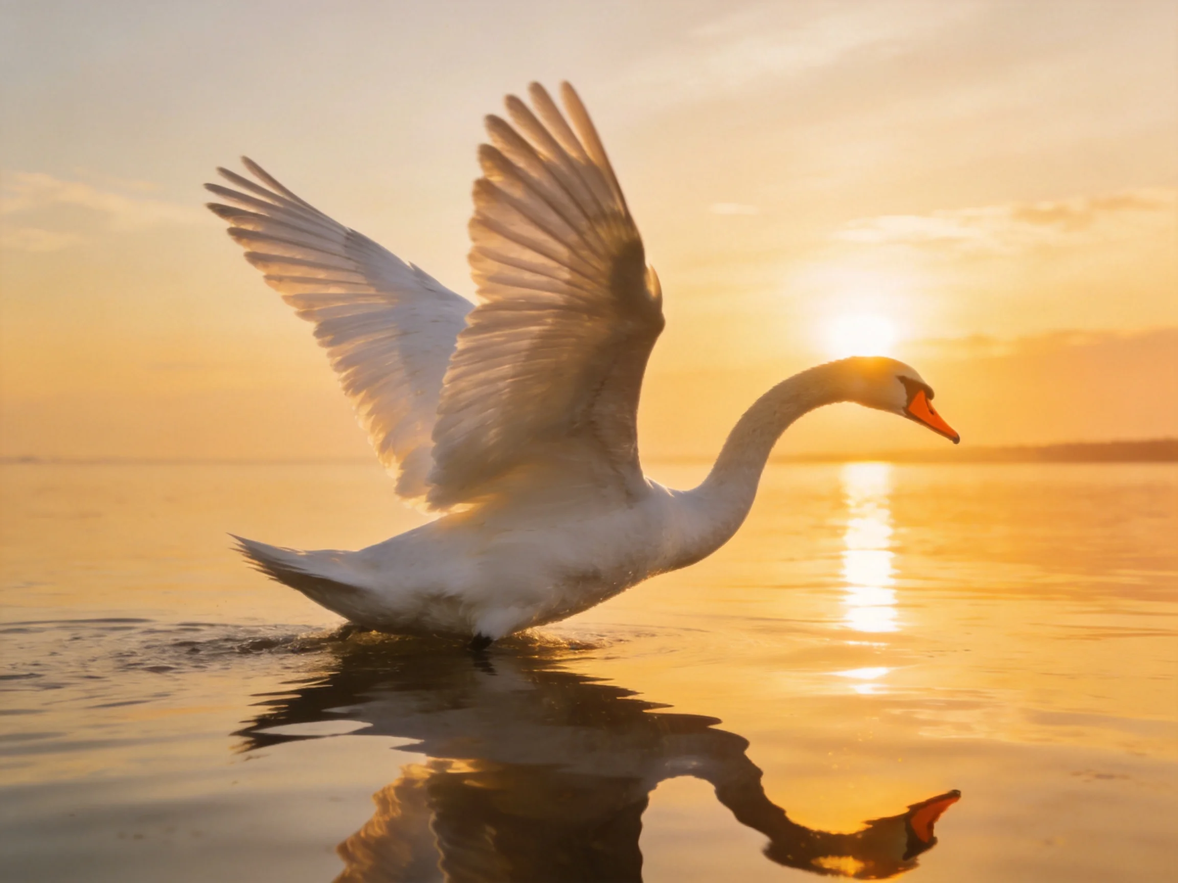 A graceful white swan spreads wings on calm water at sunset
