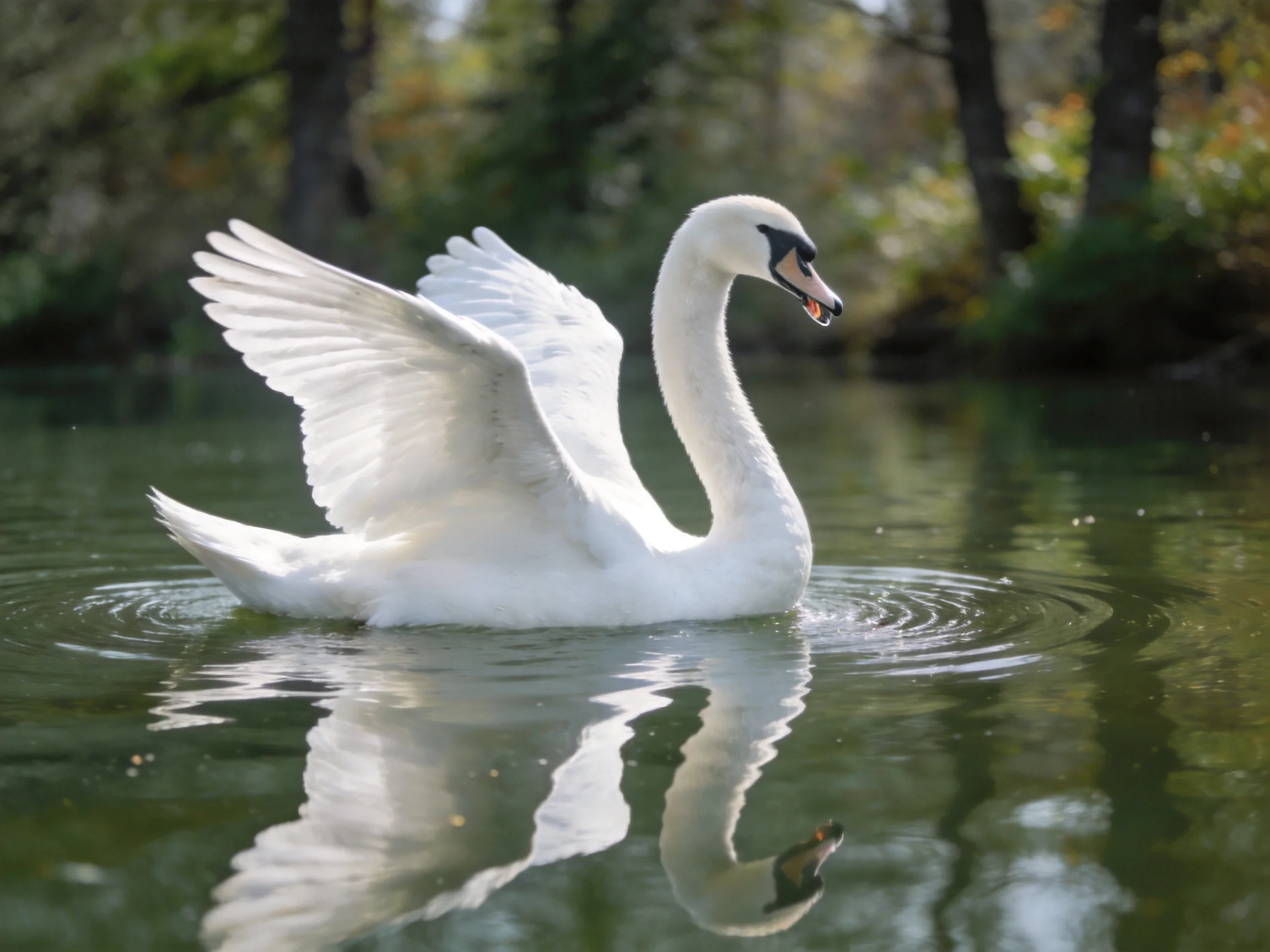 A graceful white swan spreads wings on tranquil water