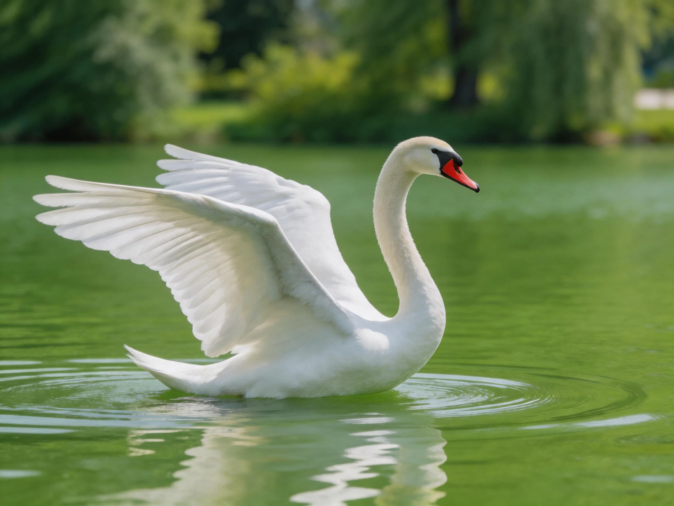 A graceful white swan spreads wings over emerald-green water