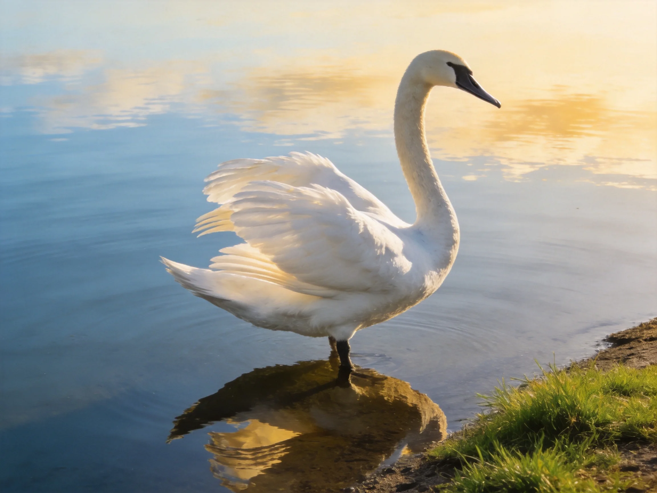 A graceful white swan stands in calm water beside a grassy edge