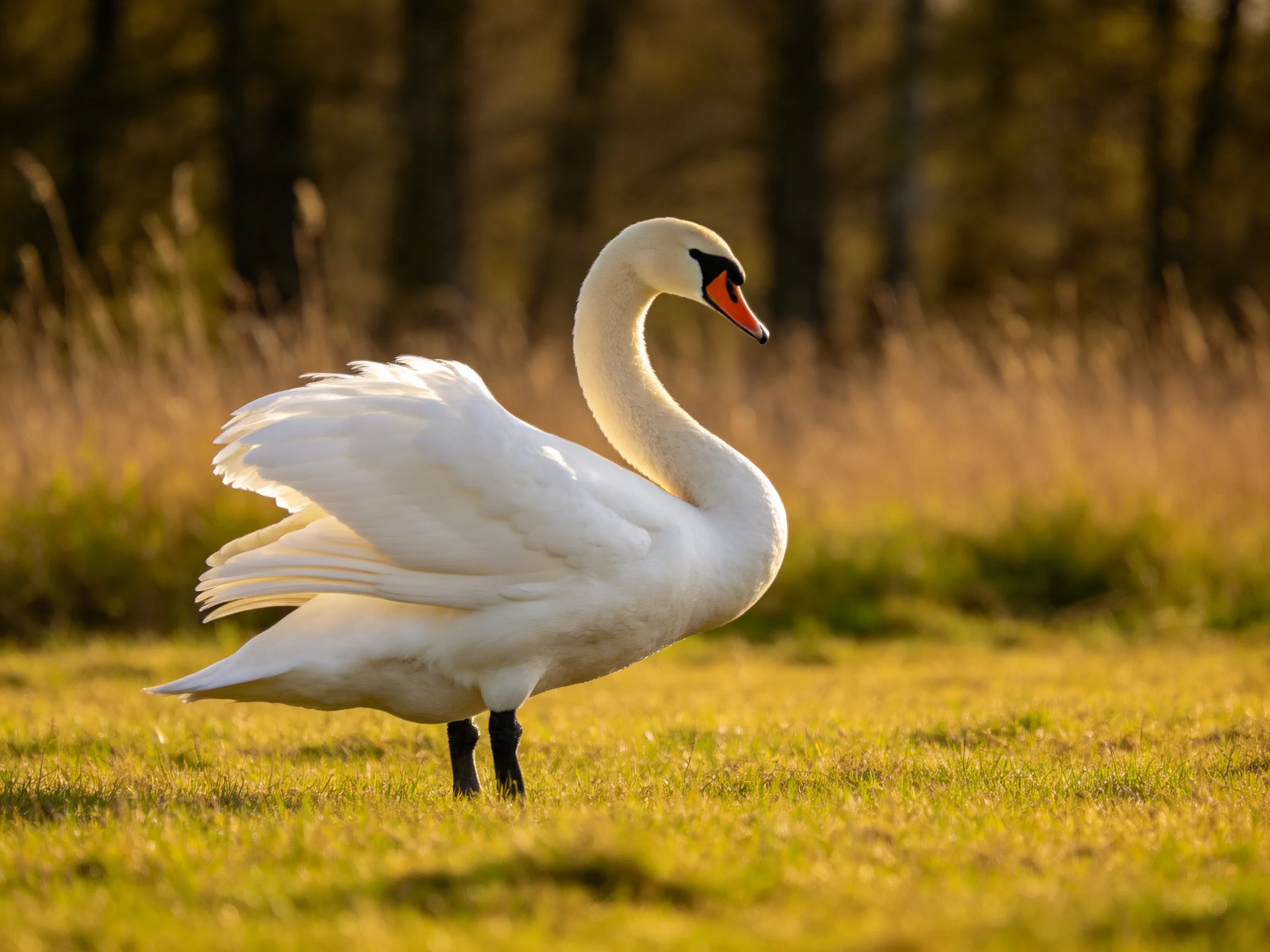A graceful white swan stands on golden grass near trees