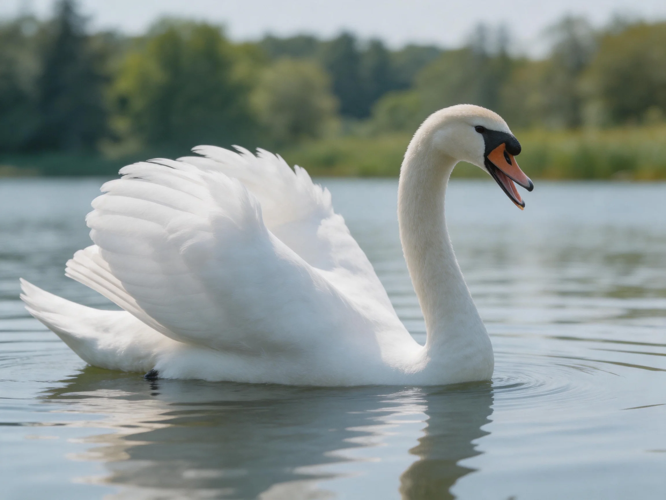 A graceful white swan swimming in calm lake waters