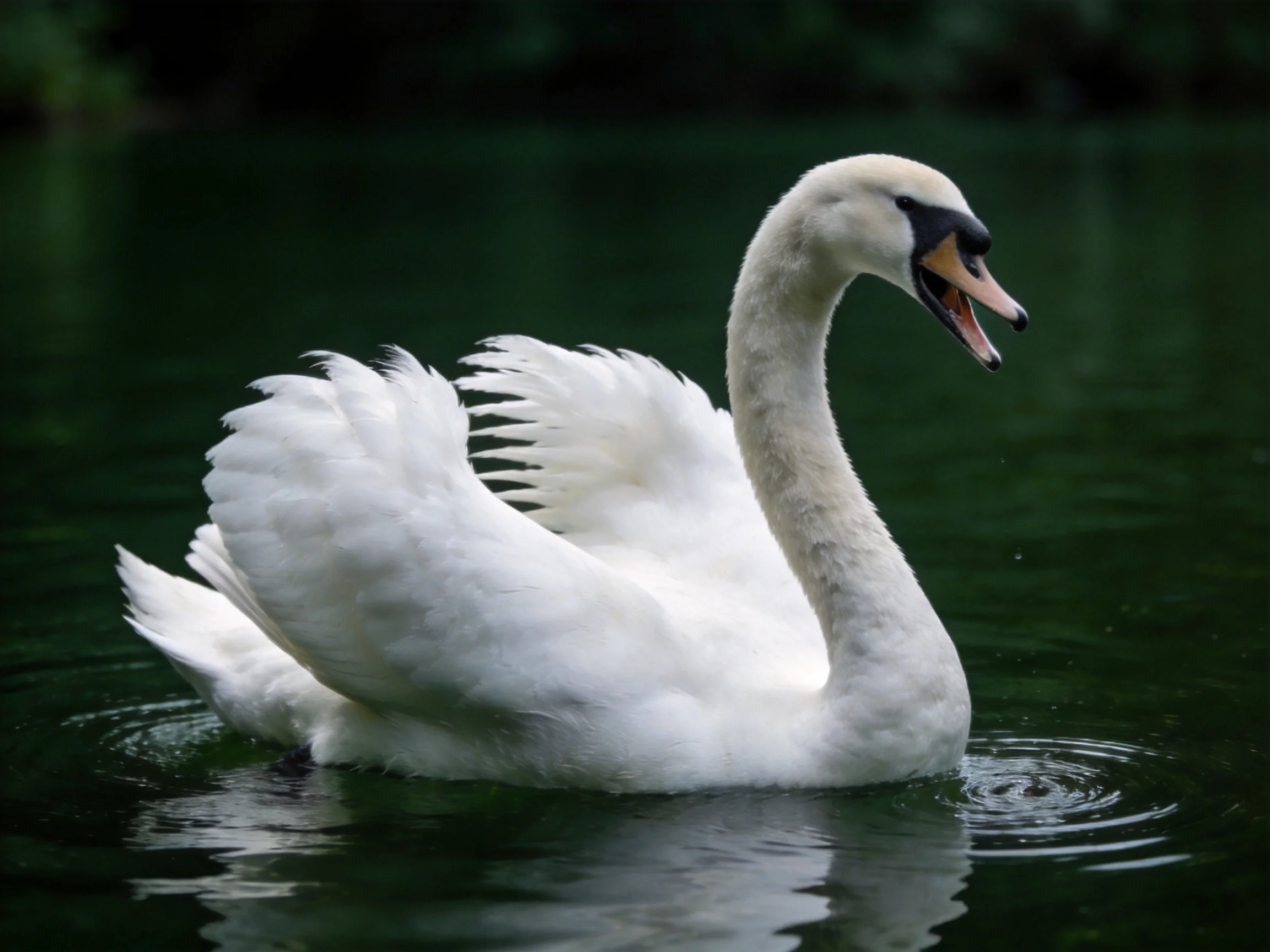 A graceful white swan swimming in dark green water
